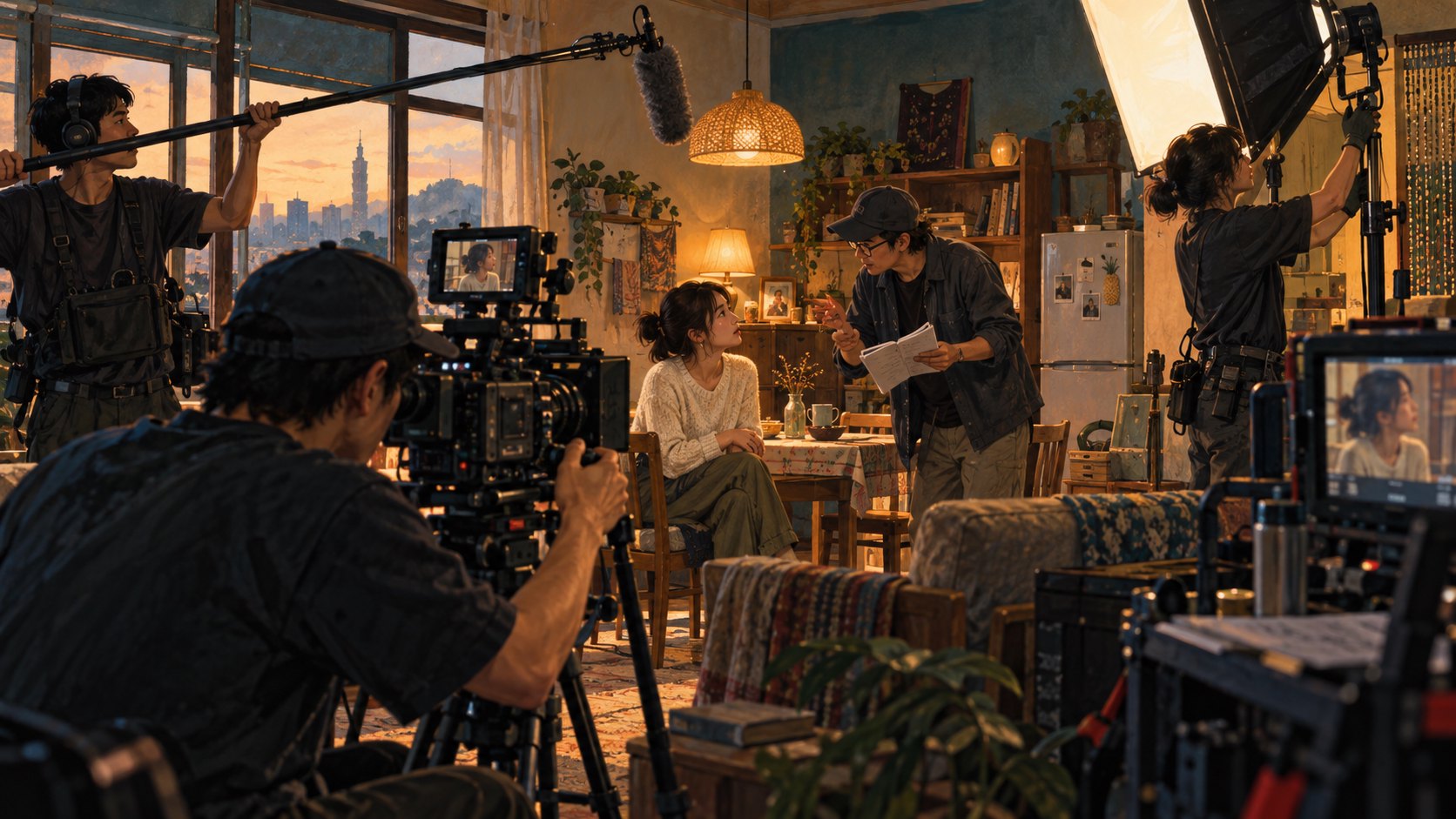 原創概念插畫:攝影、收音與燈光人員在室內片場協作,導演與演員討論表演