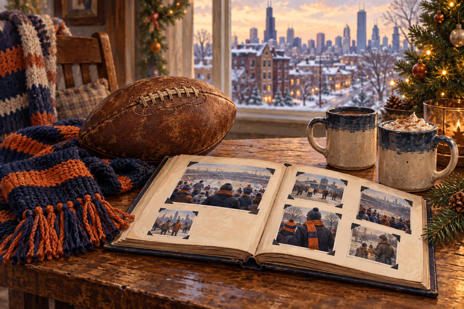 Illustration of a worn football, navy-and-orange scarf, family photo album, and cocoa mugs beside a snowy Chicago window.