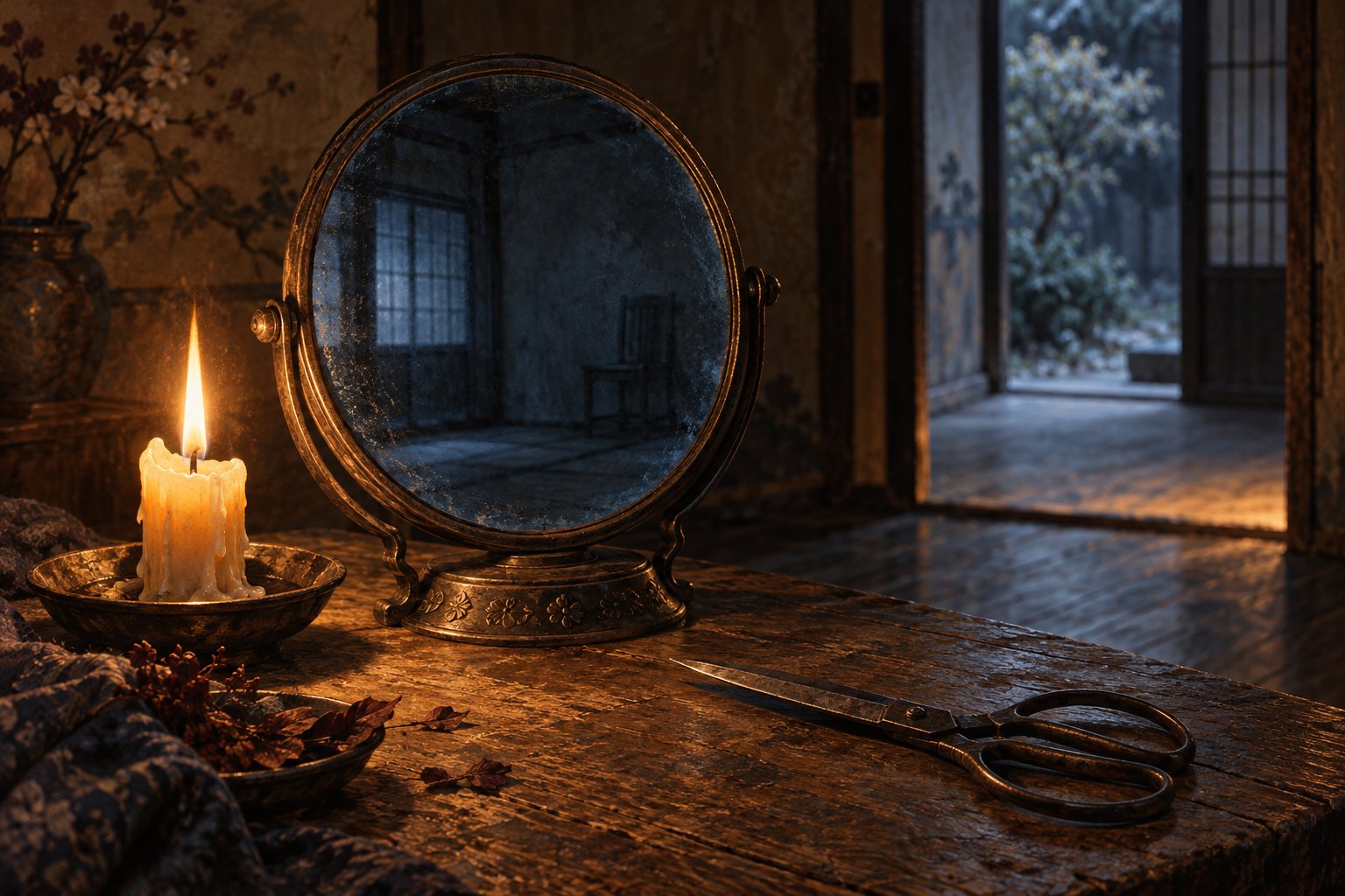 Original thematic illustration of a candle, antique mirror, and closed scissors on a wooden table beside a shadowy doorway.