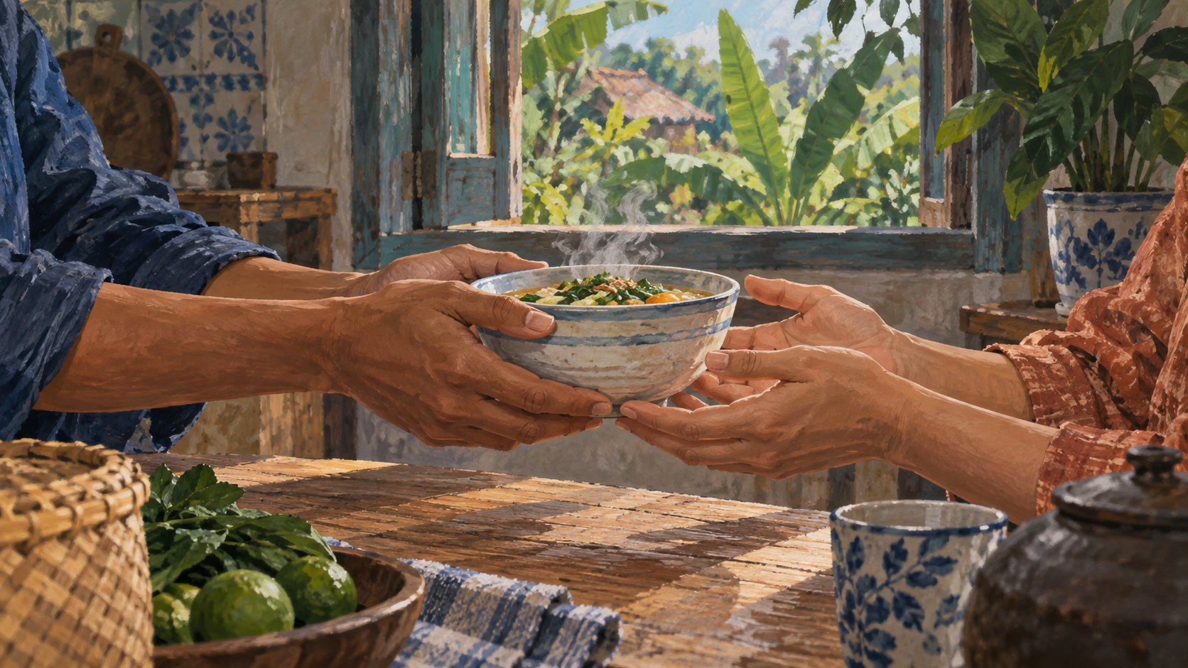 兩雙手在木桌上遞接一碗熱食，以日常照顧表現疼惜的原創概念插畫，非電影劇照