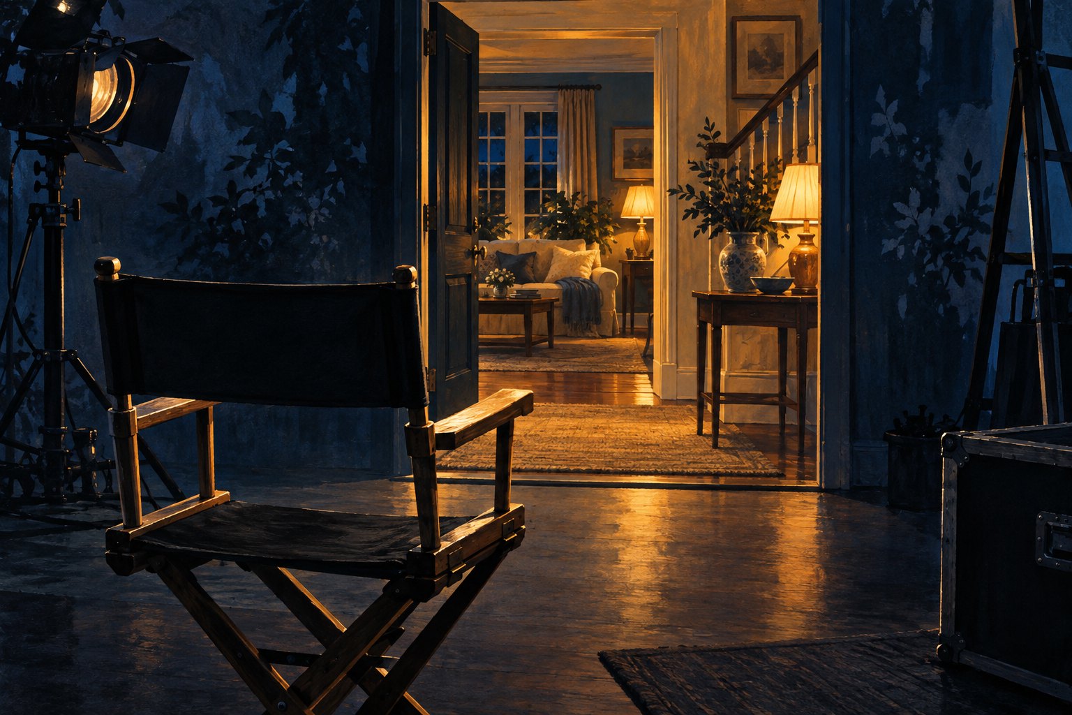 Conceptual illustration of an empty director’s chair facing a warmly lit domestic film set surrounded by blue shadows.