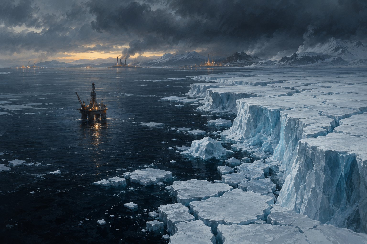 Conceptual illustration of an offshore oil platform beside fractured Arctic ice beneath a stormy sky.