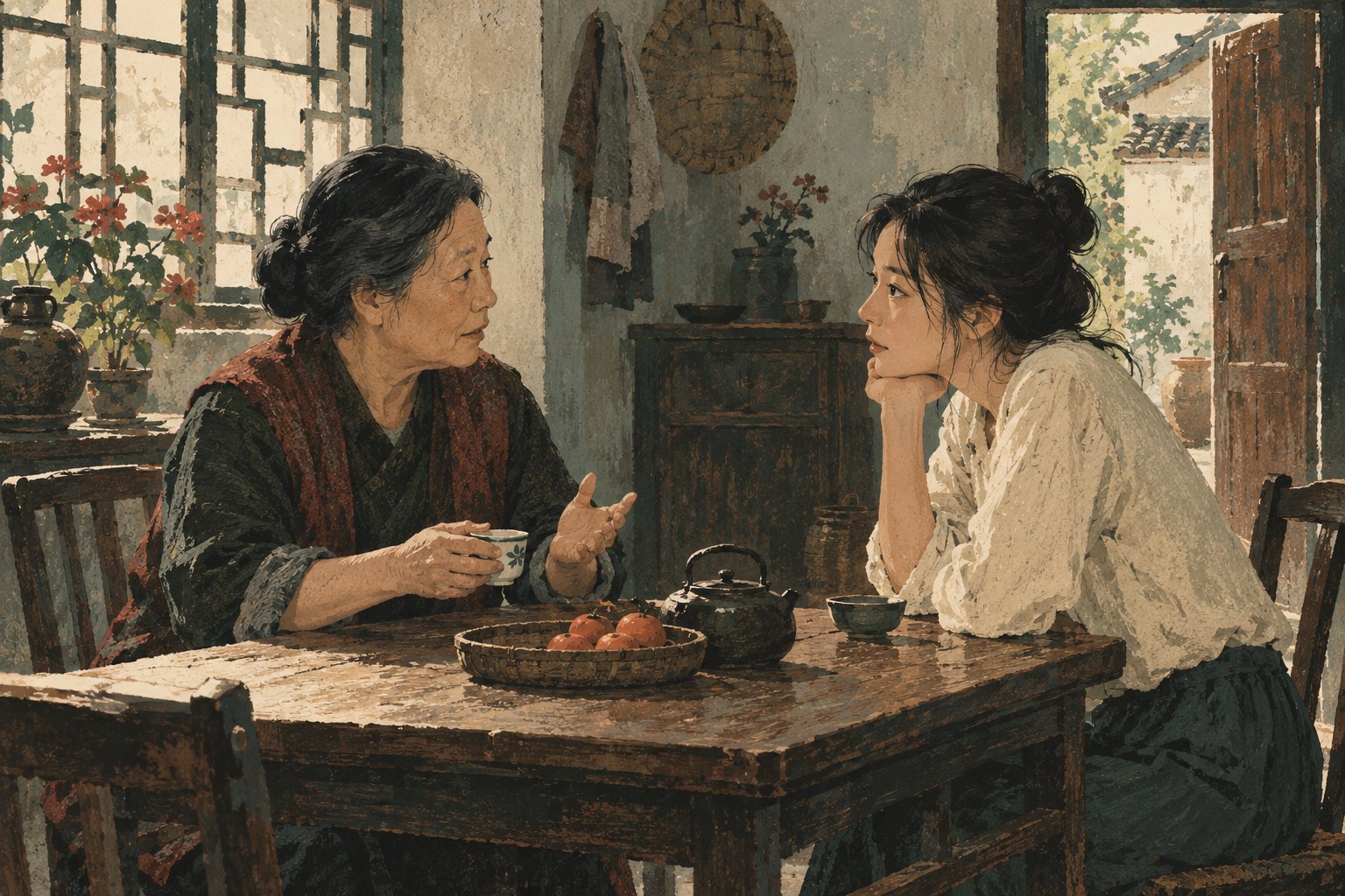 年长女性与年轻女性隔着茶桌交谈,呈现倾听与回应的概念插画,非影片剧情