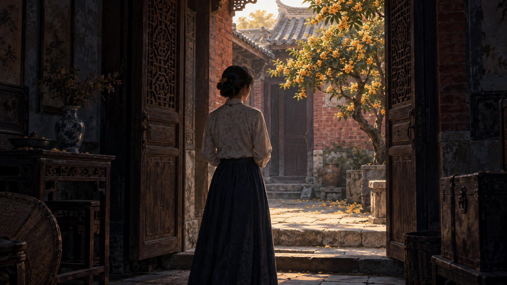 原創概念插畫:身穿傳統衣裙的女子站在老宅門內,望向庭院日光與桂花樹,呼應女性處境與人生選擇