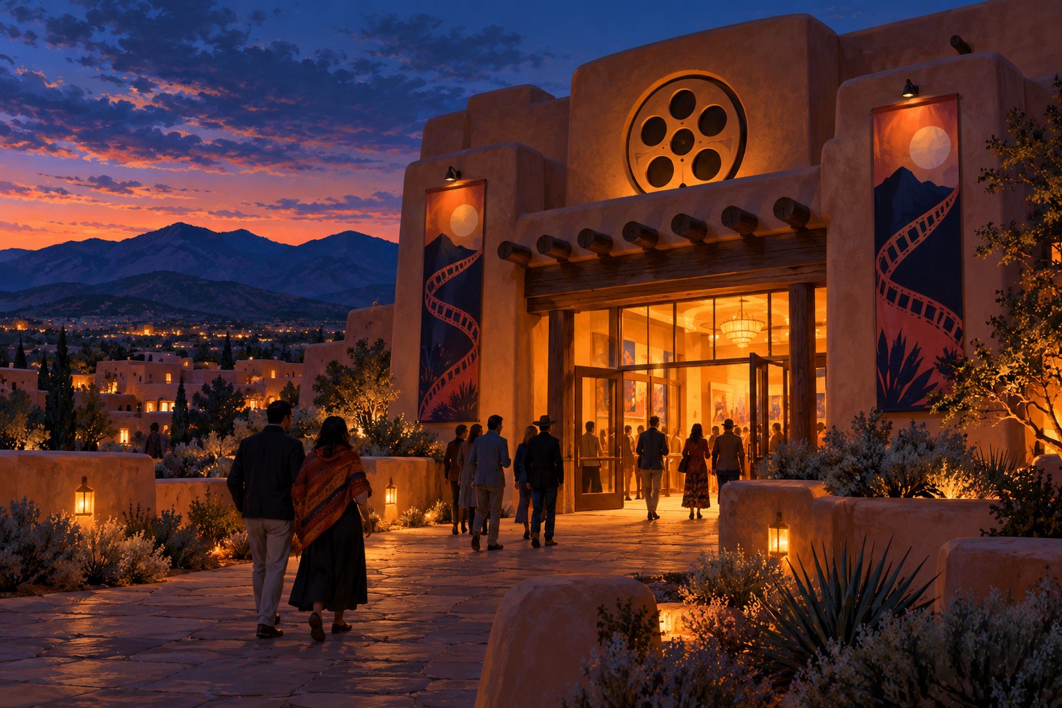 Illustration of moviegoers approaching an imagined adobe-style cinema at dusk, with Southwestern mountains in the distance.