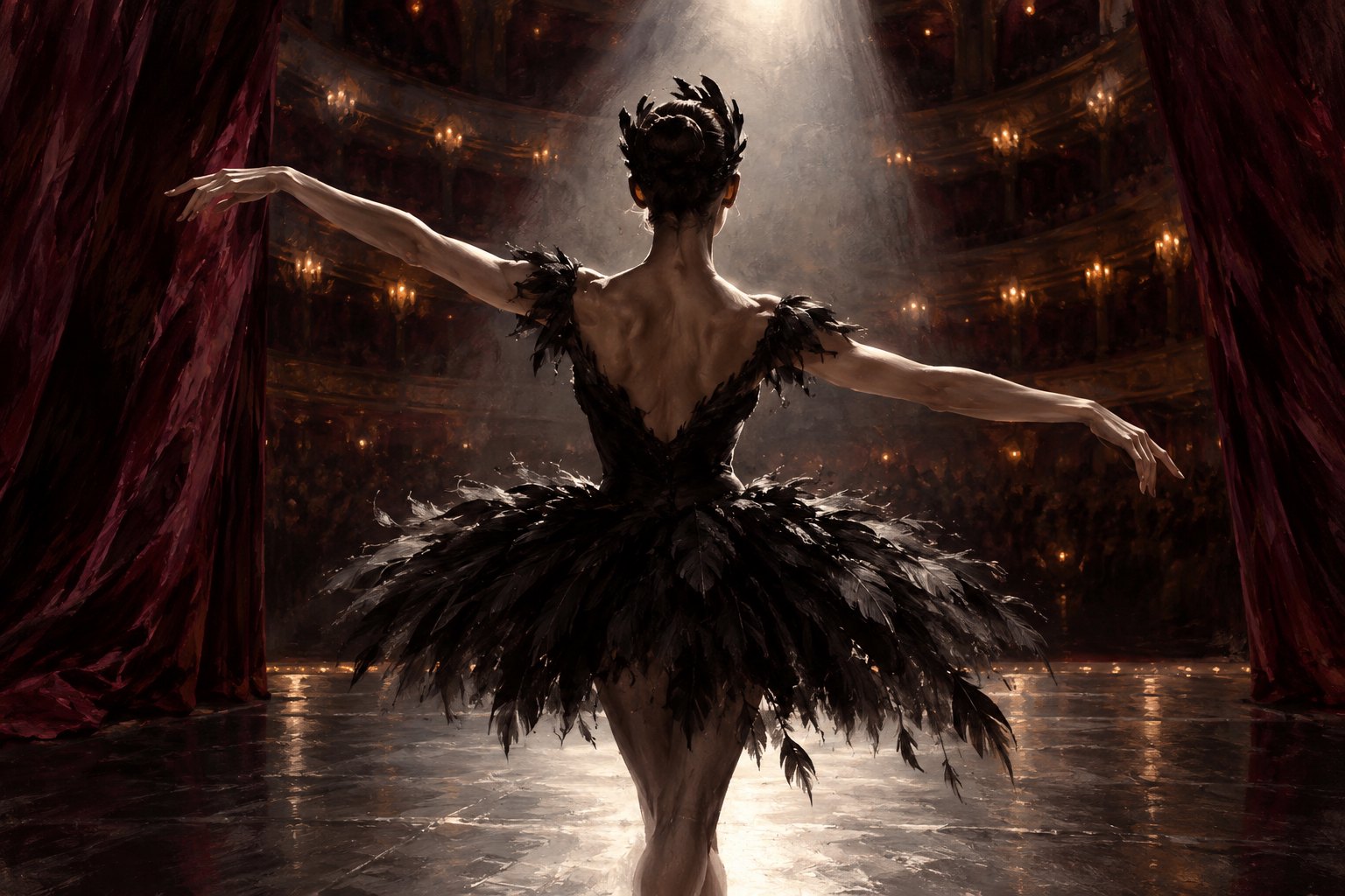 Painterly illustration of a ballerina in a black feathered costume extending her arms beneath a spotlight between burgundy curtains.