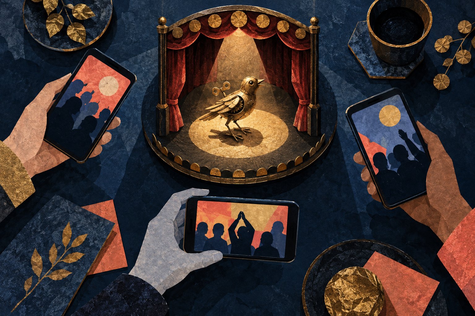 Conceptual illustration of smartphones surrounding a miniature stage with a mechanical bird in the spotlight.