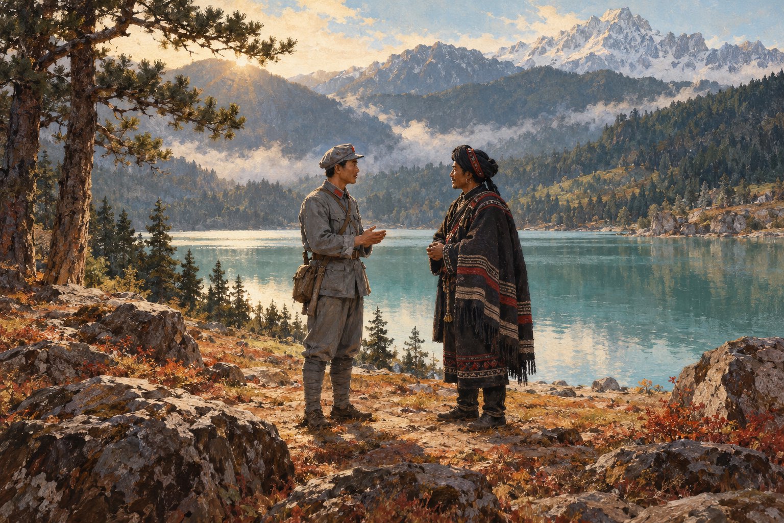 彝海结盟主题插画:身穿灰色军服与深色彝族披毡的两个人物在高山湖畔平等交谈