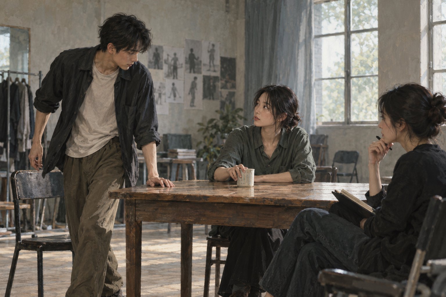 两位青年演员围绕木桌排练人物动作,导演在一旁观察的场景插画