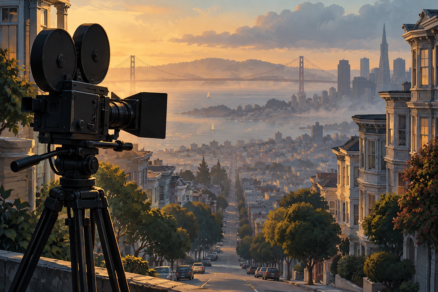 Conceptual illustration of a movie camera overlooking a steep San Francisco street and a hazy bay at sunset.