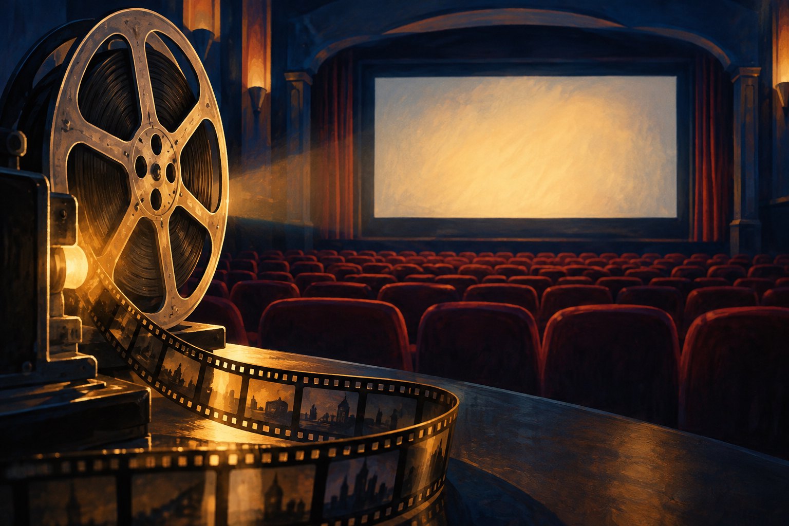 Conceptual illustration of a film reel before an illuminated screen in an empty red-seated cinema.