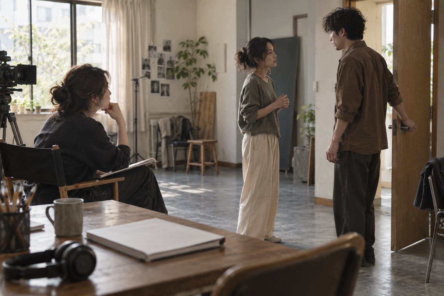 年轻导演观察两名演员在门边排练,呈现人物互动与创作协作的概念插画