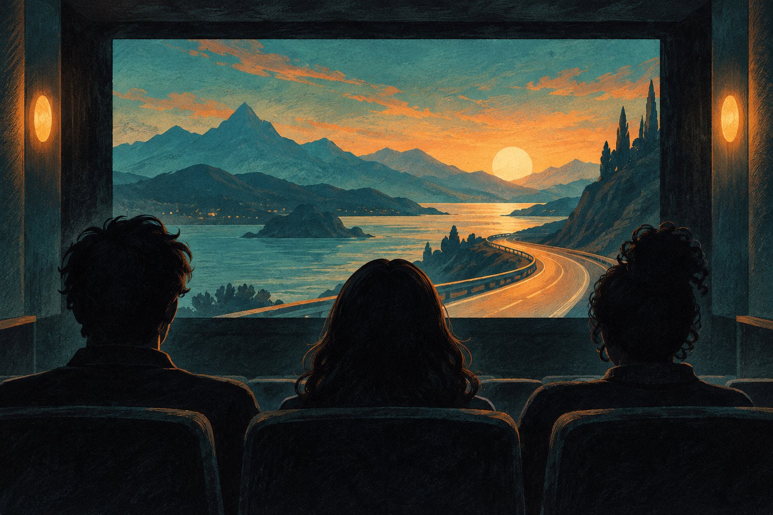 Illustration of three viewers watching a winding road through a mountain landscape on a screening-room screen.
