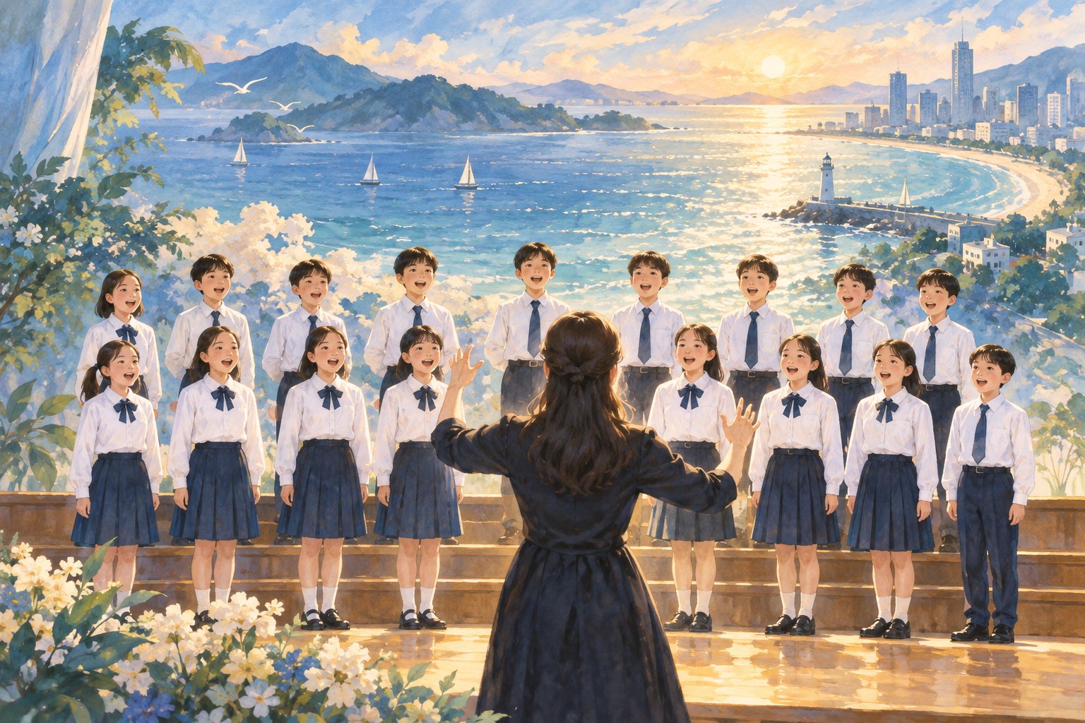 少年儿童在指挥带领下合唱,身后是抽象海湾与城市轮廓的主题插画
