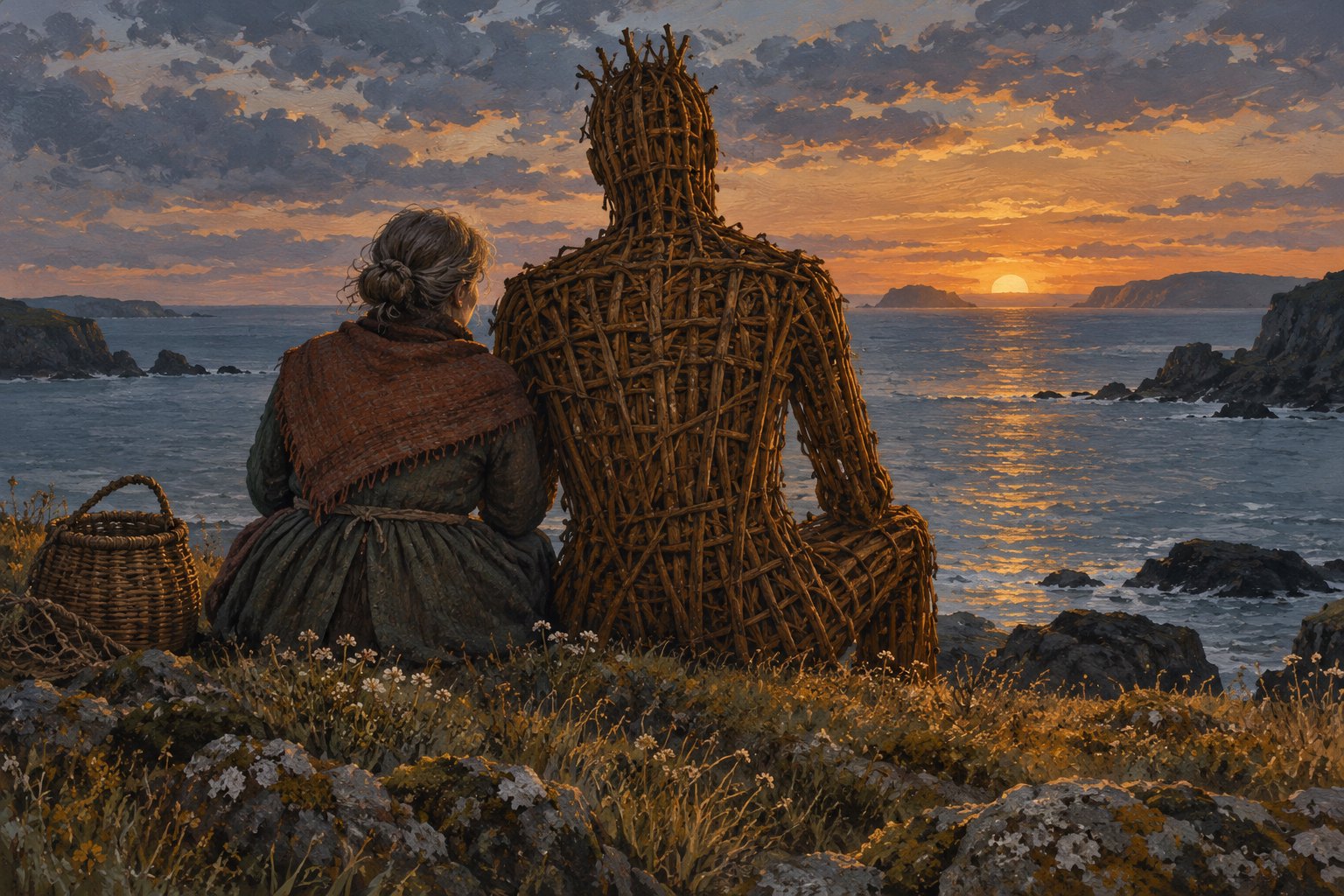 Original illustration of a fisherwoman and a woven humanoid sitting together above the sea at sunset.