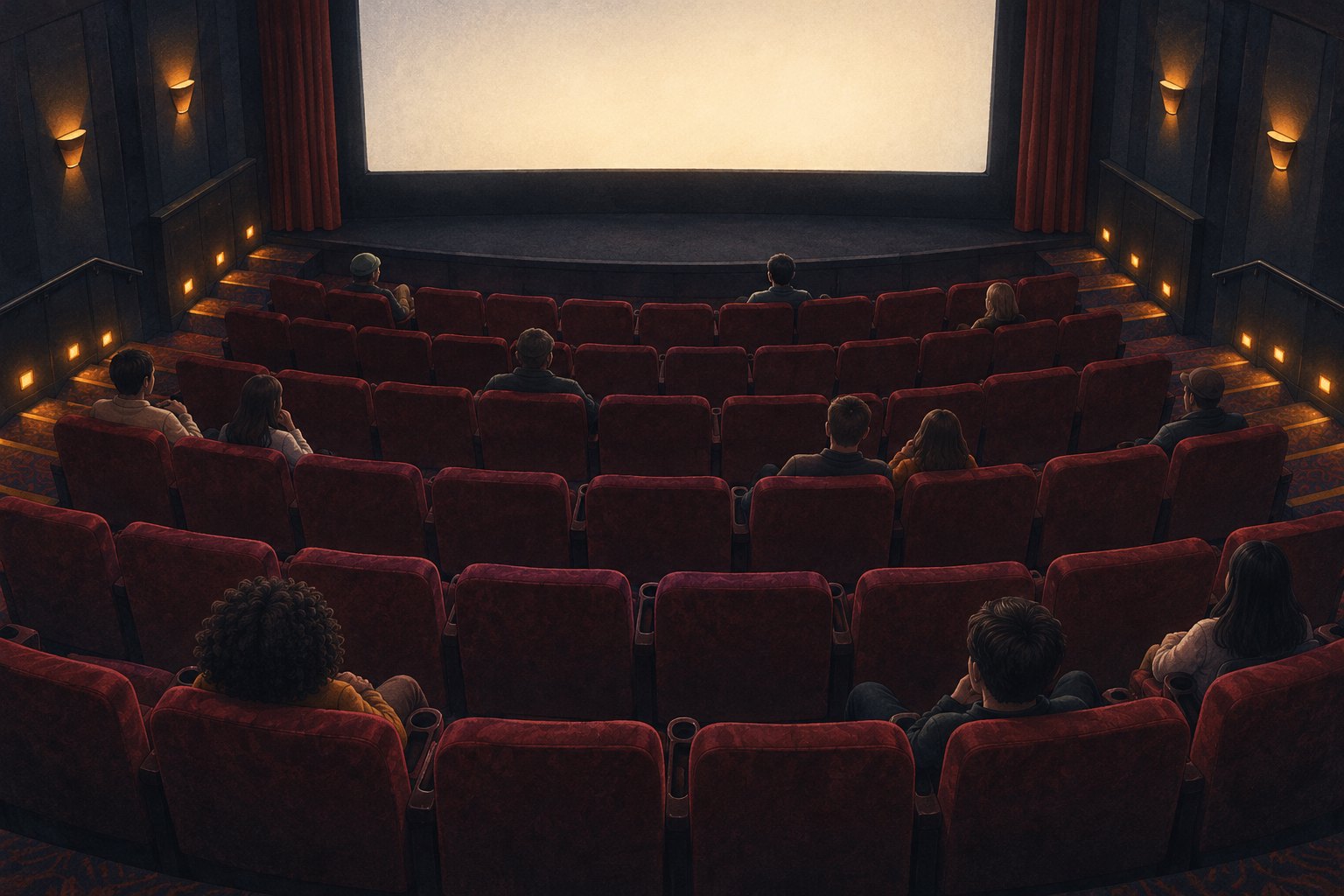Illustration of scattered moviegoers seated in a burgundy cinema auditorium facing a blank illuminated screen.