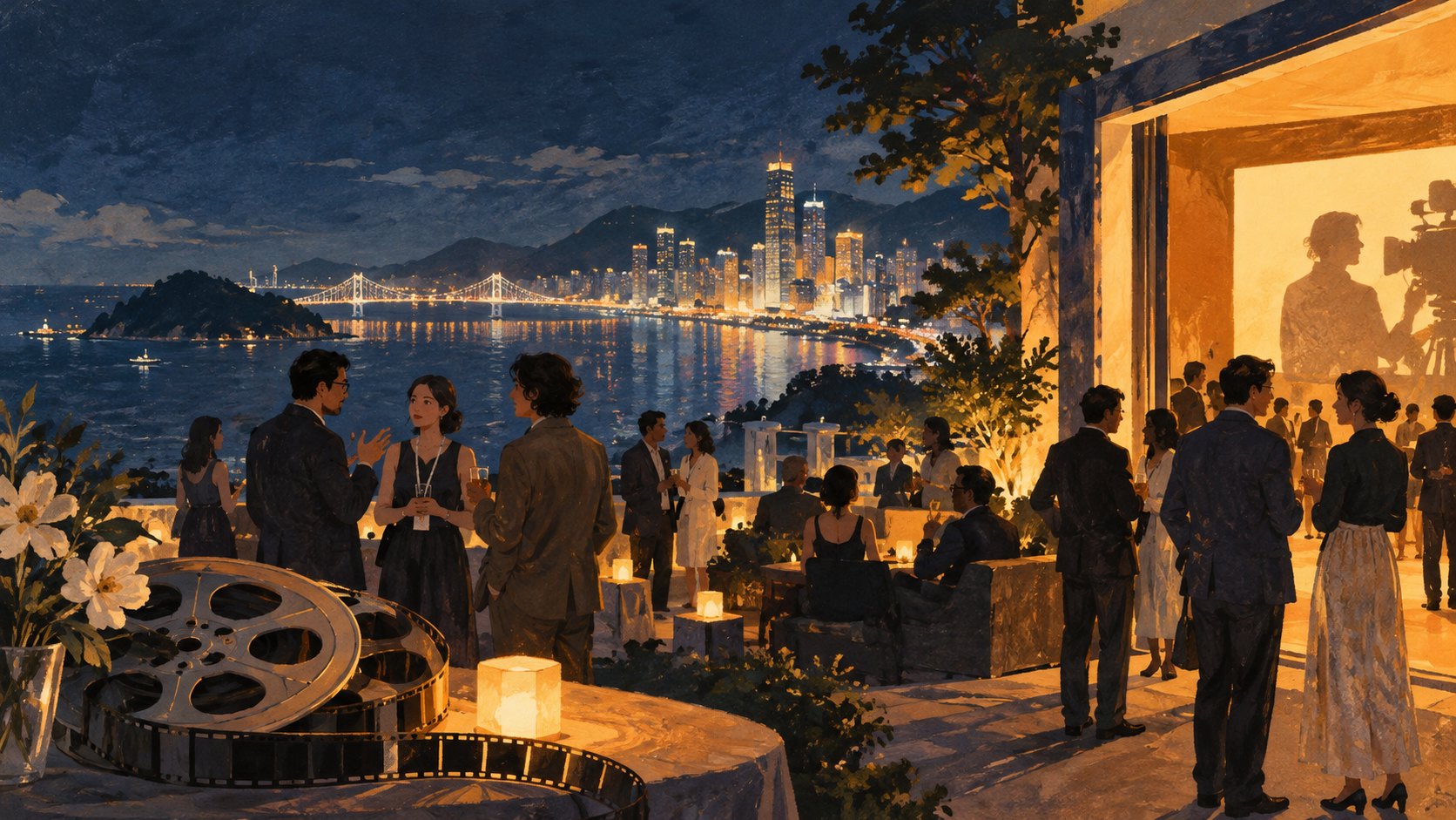 海岸夜色中影人交流,前景擺放膠卷的概念插畫,非活動現場紀錄