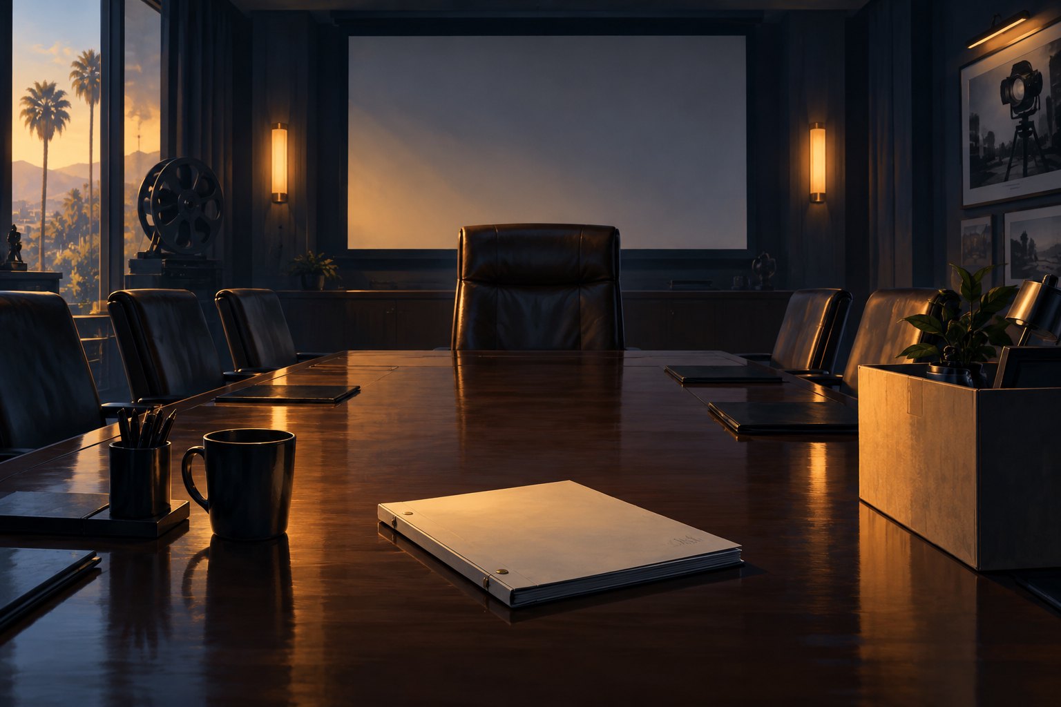 Conceptual illustration of an empty executive chair behind a conference table with a screenplay and a blank projection screen.