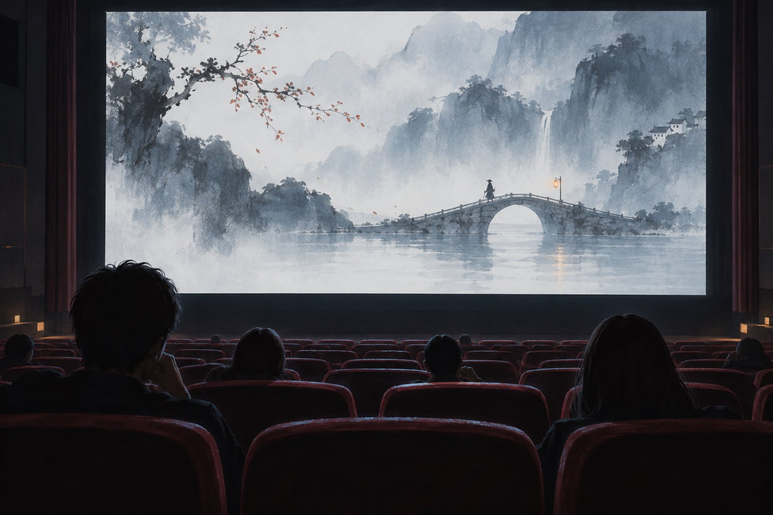 观众在影院凝视银幕上的水墨山水与桥上旅人,原创观影意象插画,非电影剧照