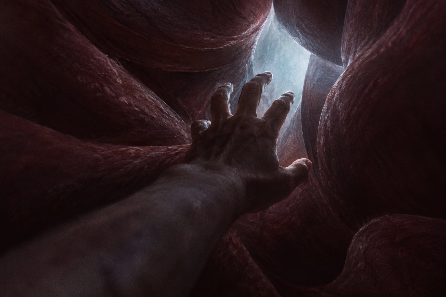 An anonymous hand reaches between dark organic folds toward a small patch of cool light in a conceptual illustration of confinement.