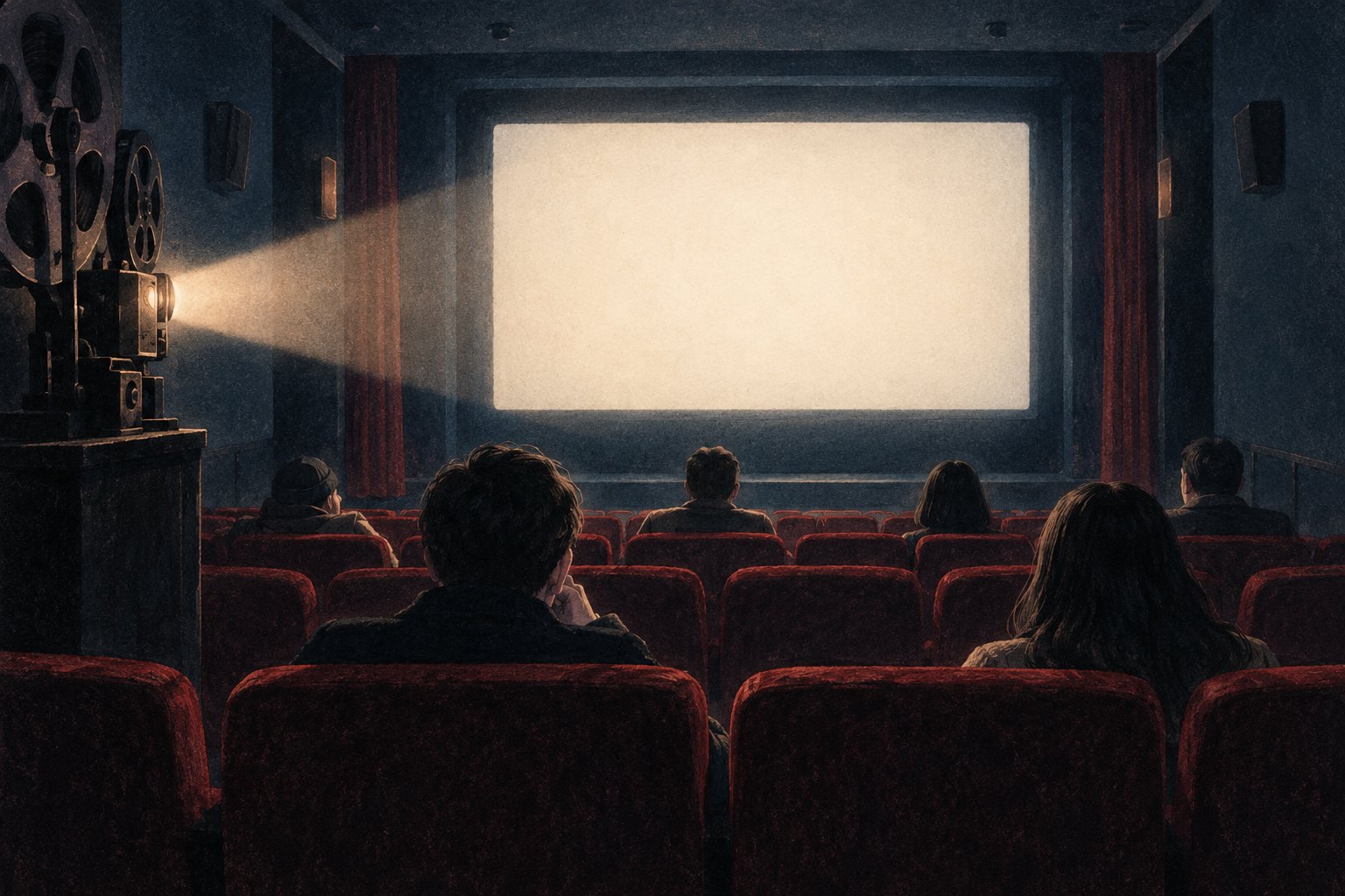 概念插画:观众坐在小型放映室里,面对被放映光束照亮的空白银幕