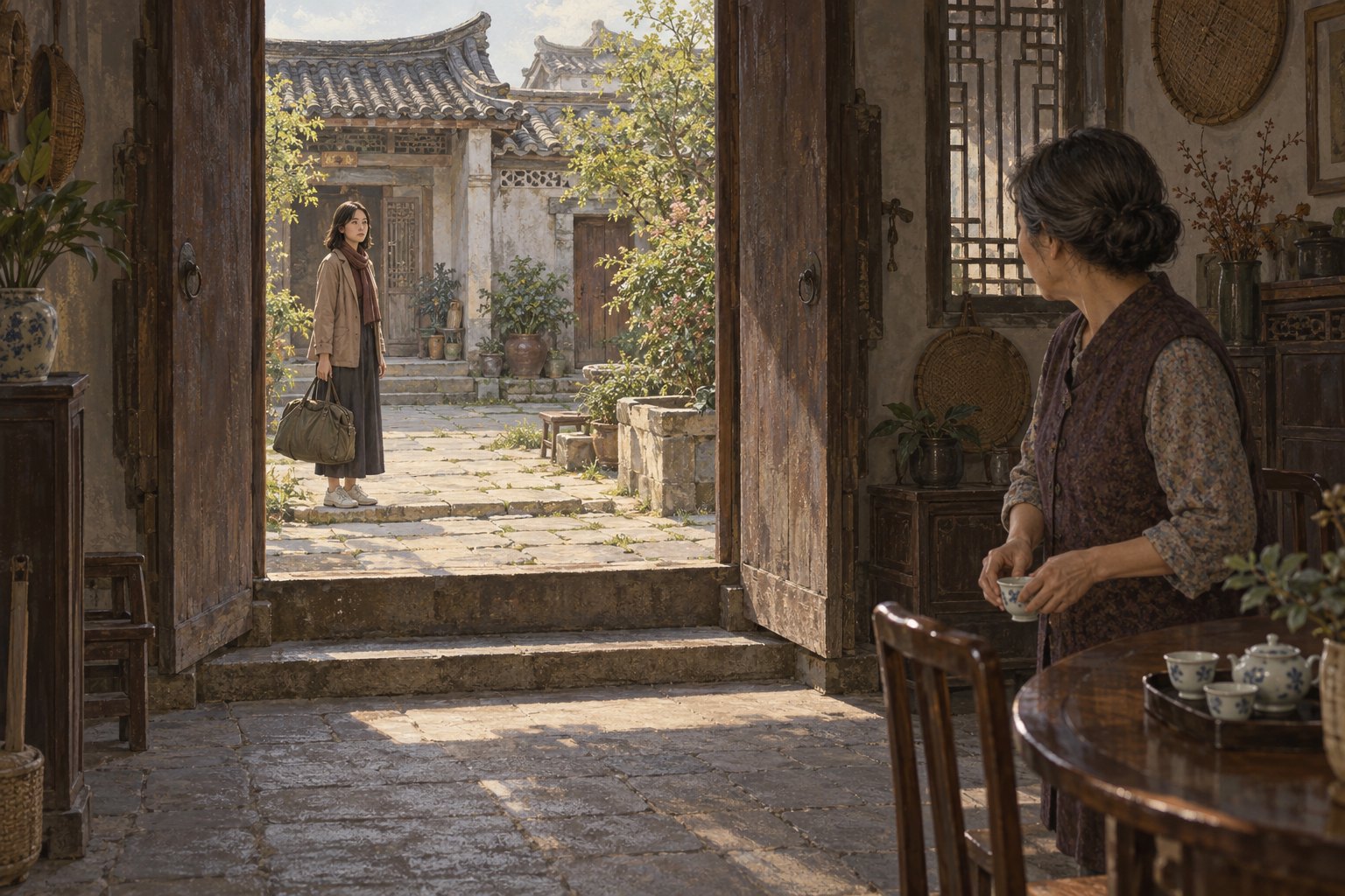 两名虚构人物隔着民居门槛相望的空间叙事示意插画,非影片剧照