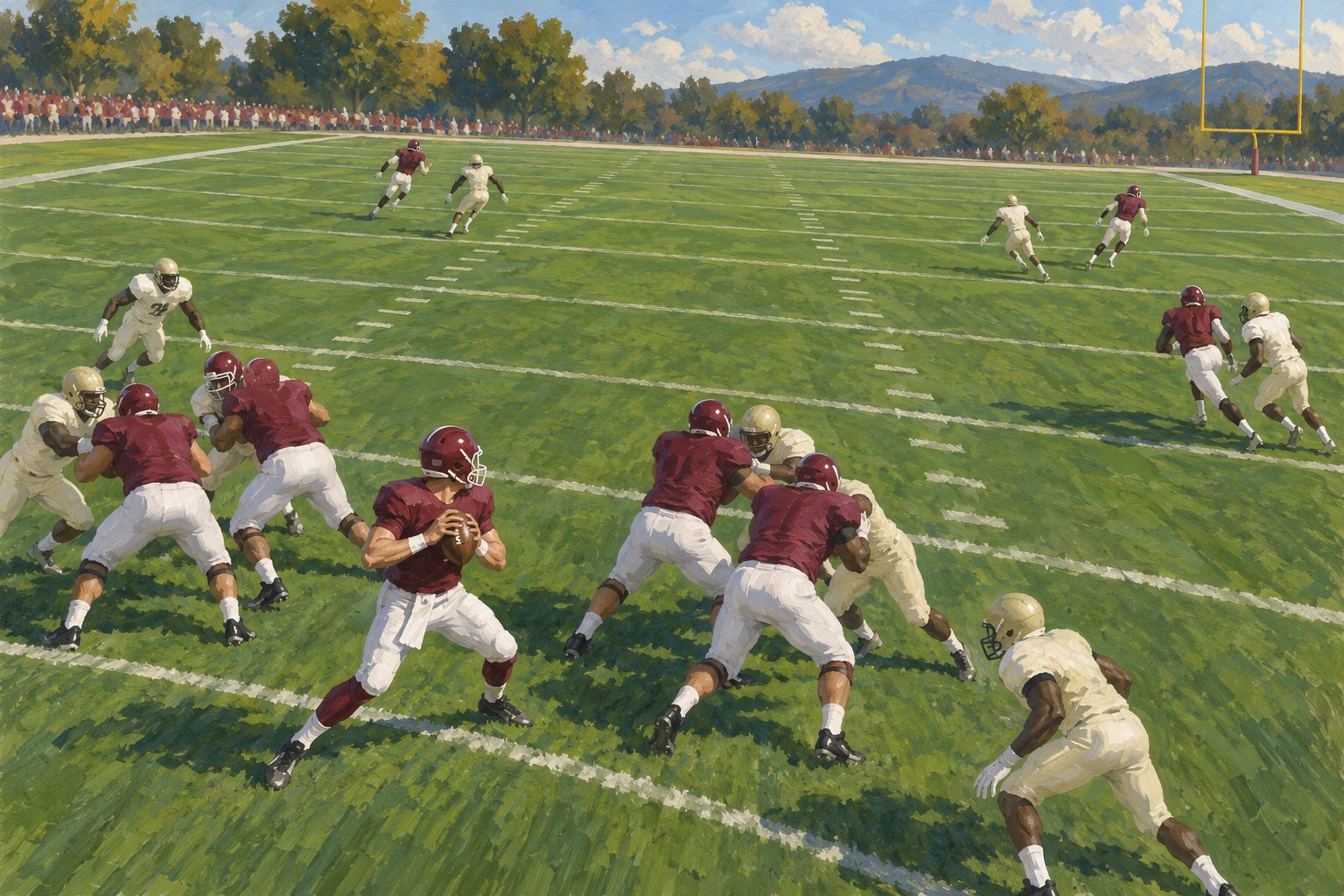 Conceptual illustration of a quarterback holding the ball behind blockers while receivers and defenders move downfield.
