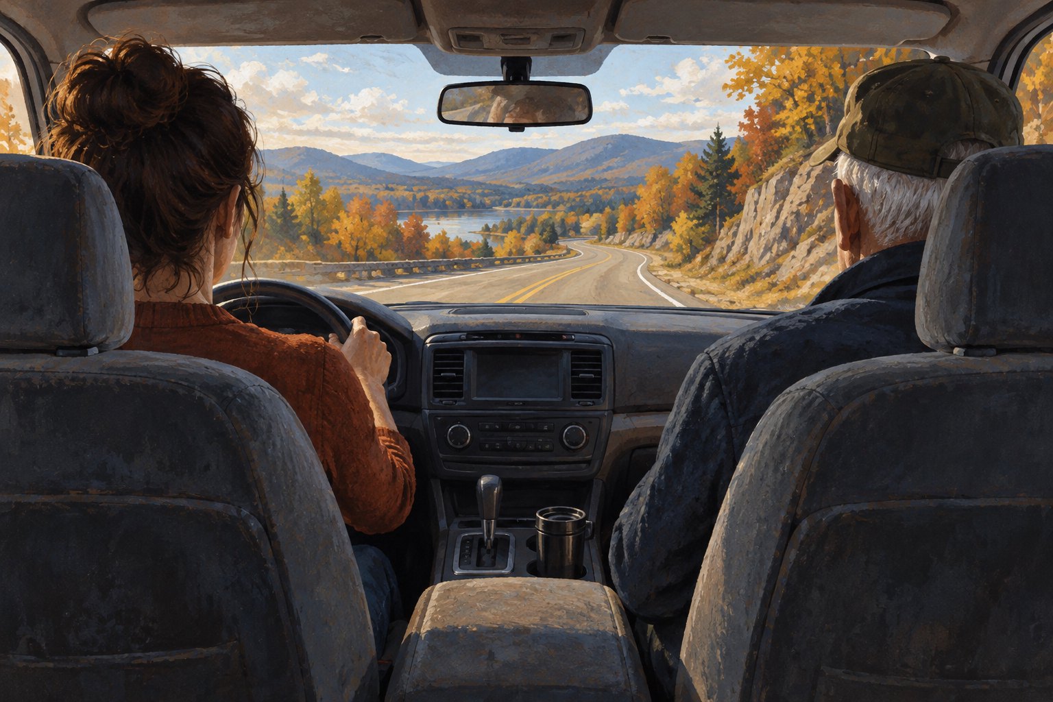 Conceptual illustration of an adult daughter and her elderly father sitting apart in a car facing an autumn country road.