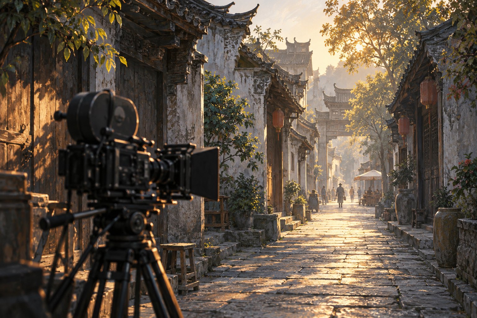 摄影机朝向灰瓦旧屋与石板街巷的原创概念插画,非影片现场