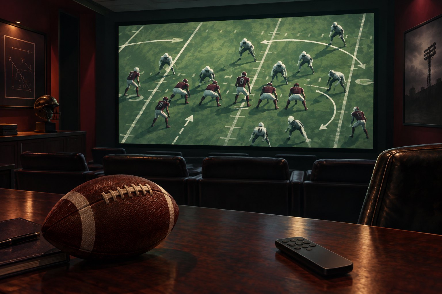 Editorial illustration of a dark football viewing room with a game on screen and a football on the foreground desk.