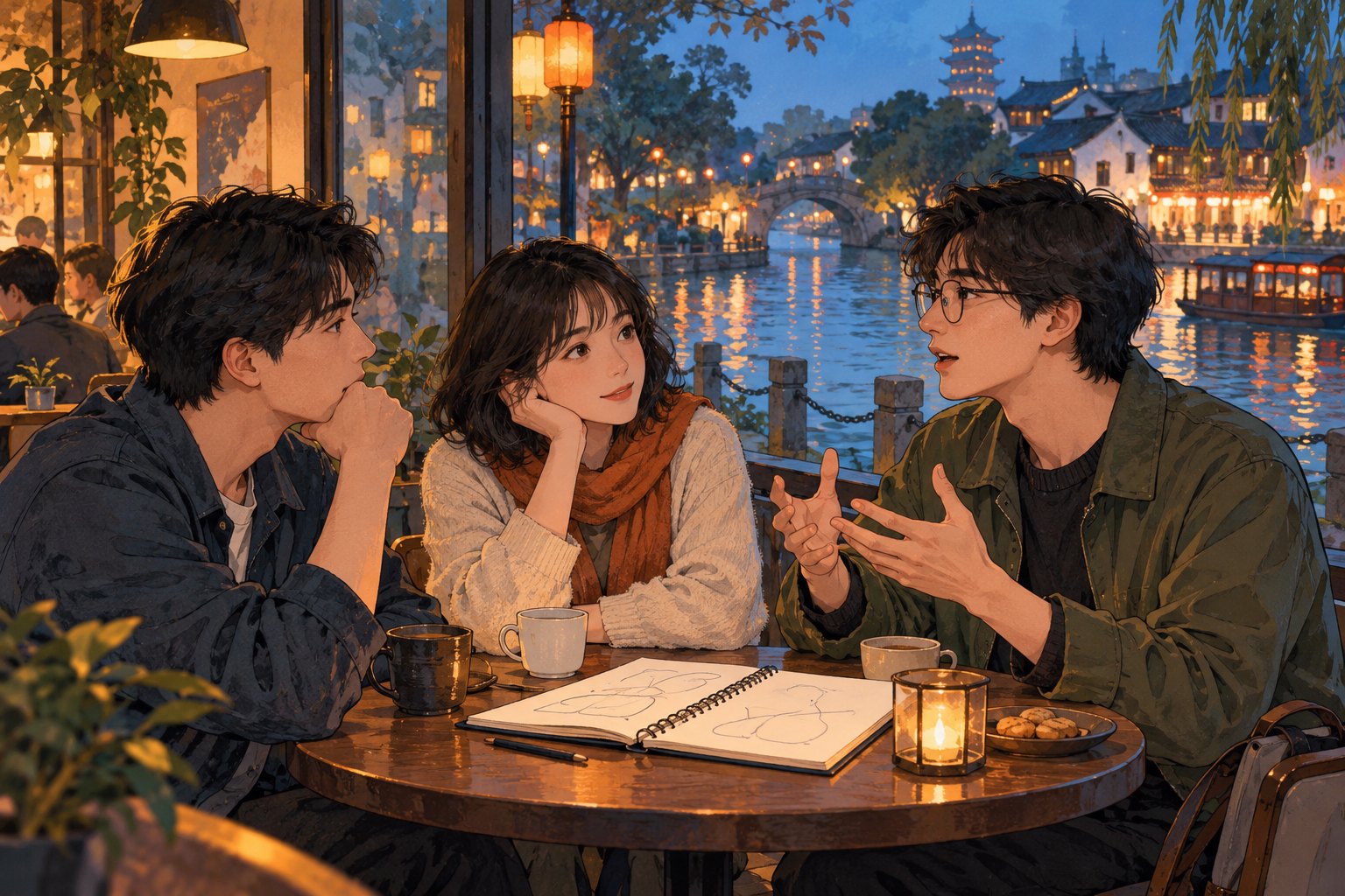 概念插画:三名年轻观众在临近江南河岸的室内围桌交流观影感受