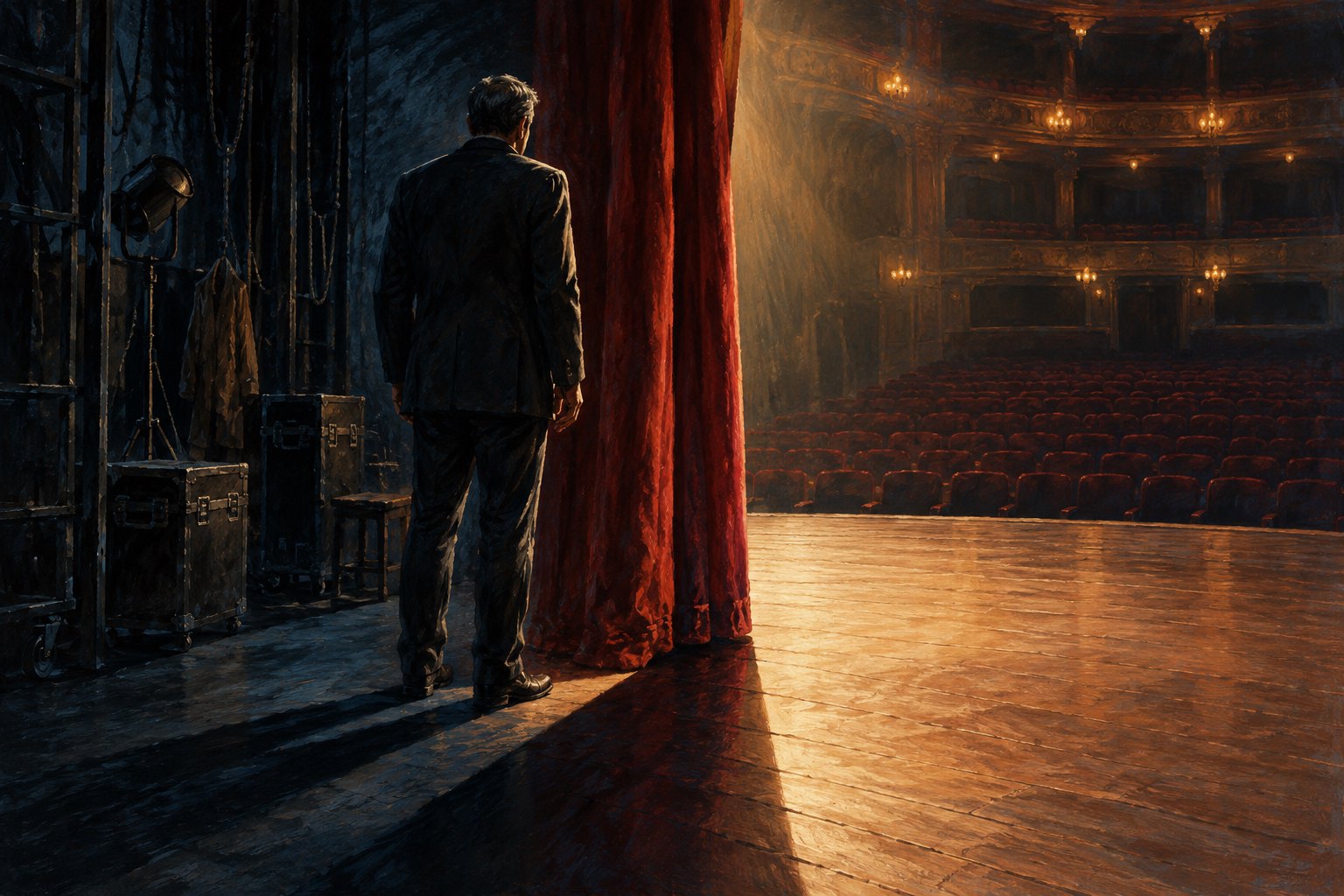 Conceptual illustration of an actor standing between a dark theater wing and an illuminated stage framed by red curtains.