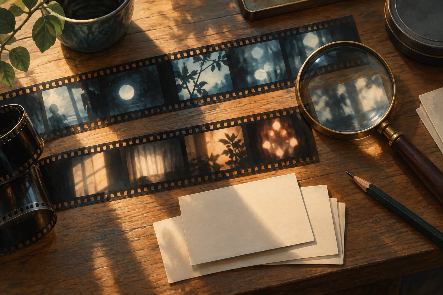 Conceptual illustration of film strips, a magnifying glass, and blank index cards on a sunlit editing desk.