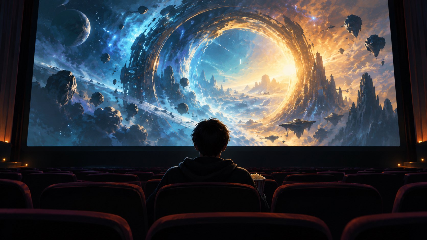 觀眾坐在影廳中凝望銀幕上的藍金色宇宙光環,呈現期待電影的原創概念插畫,非官方劇照