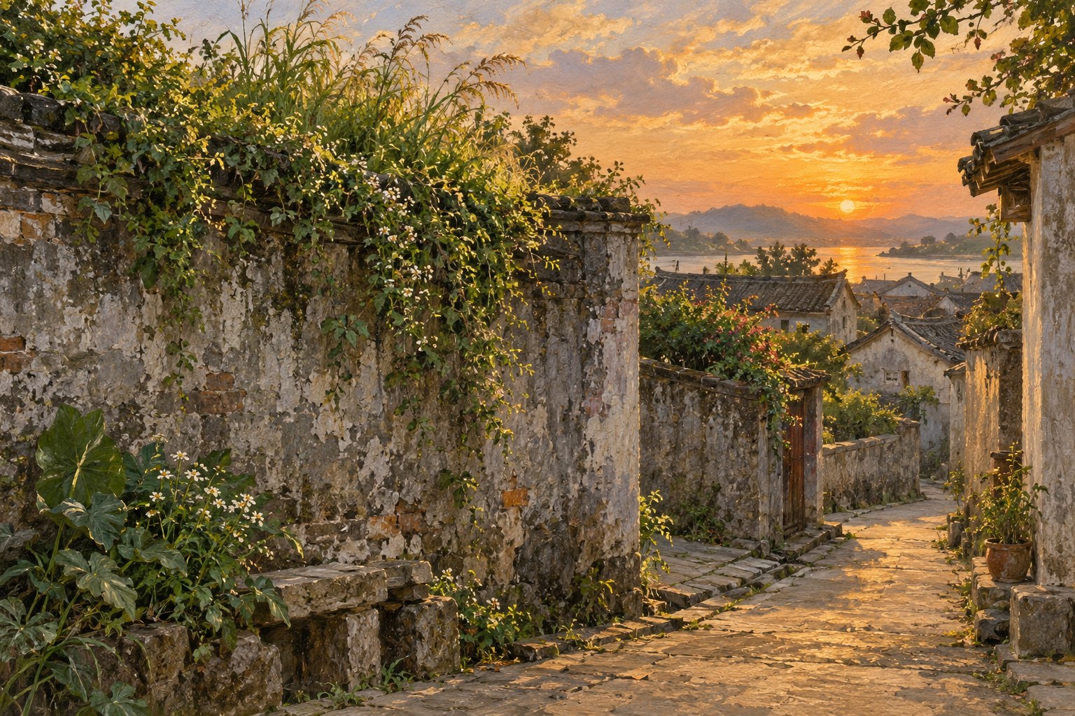 夕阳下的旧砖围墙、墙头野草与乡间小路,乡土意象插画,非影片剧照