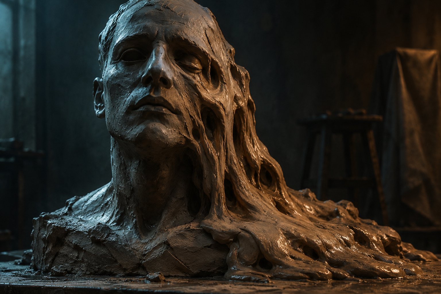 Conceptual illustration of a human-shaped clay bust partially dissolving under teal and amber light.