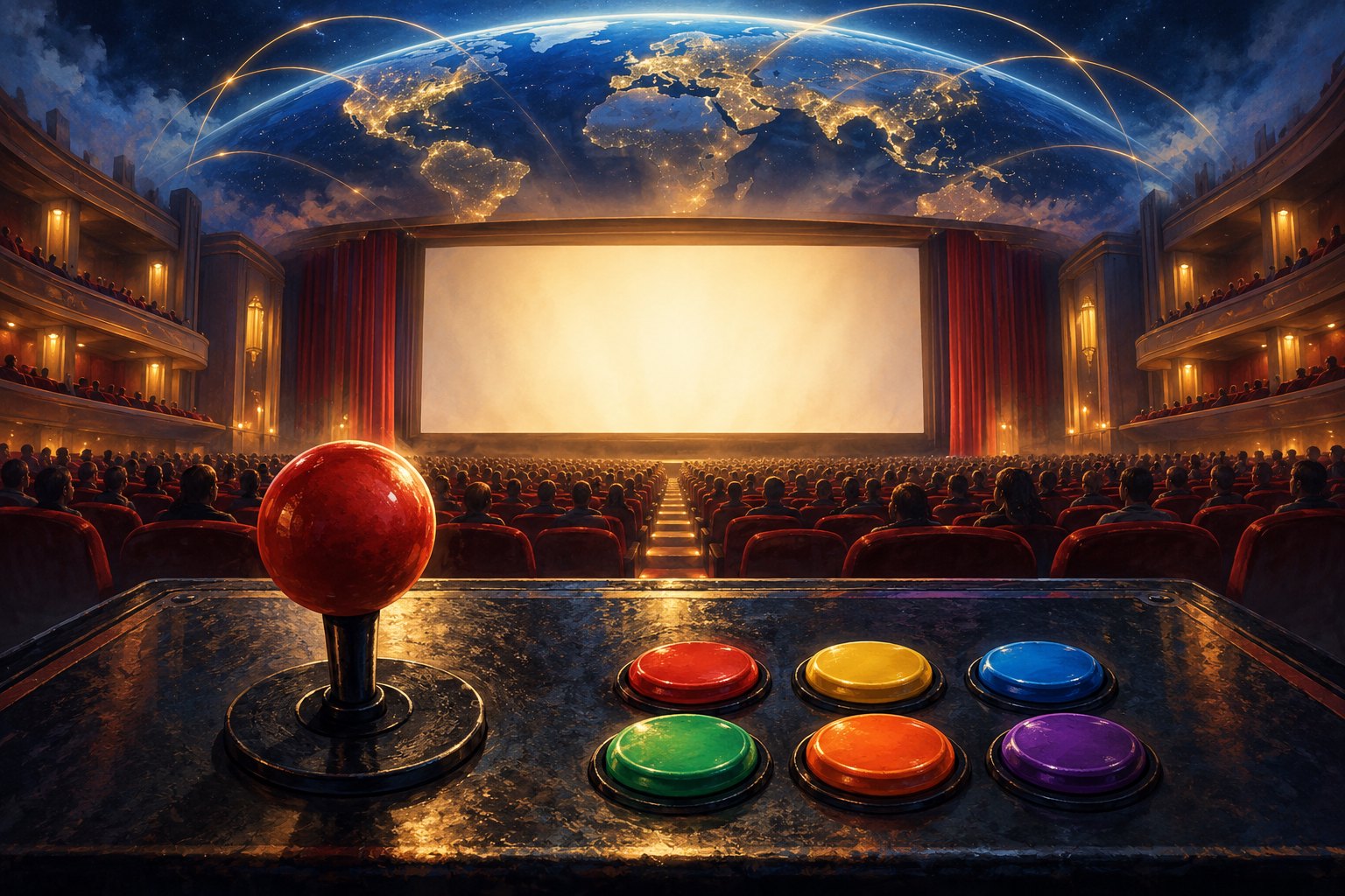 Editorial illustration of an arcade joystick and colorful buttons overlooking a movie theater beneath a glowing globe.