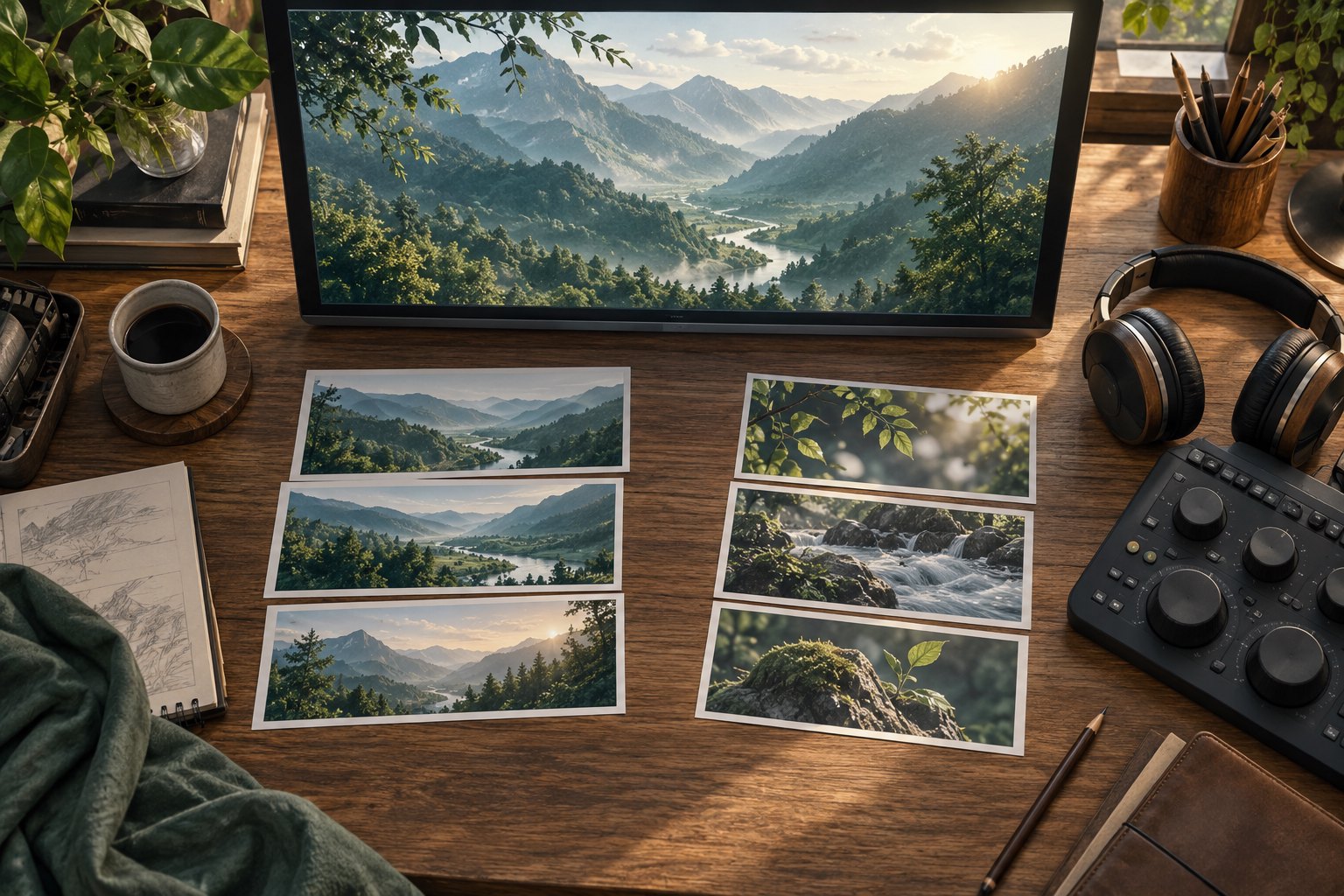 概念插画：剪辑工作桌上的山谷影像、远近景分镜卡片与调色设备