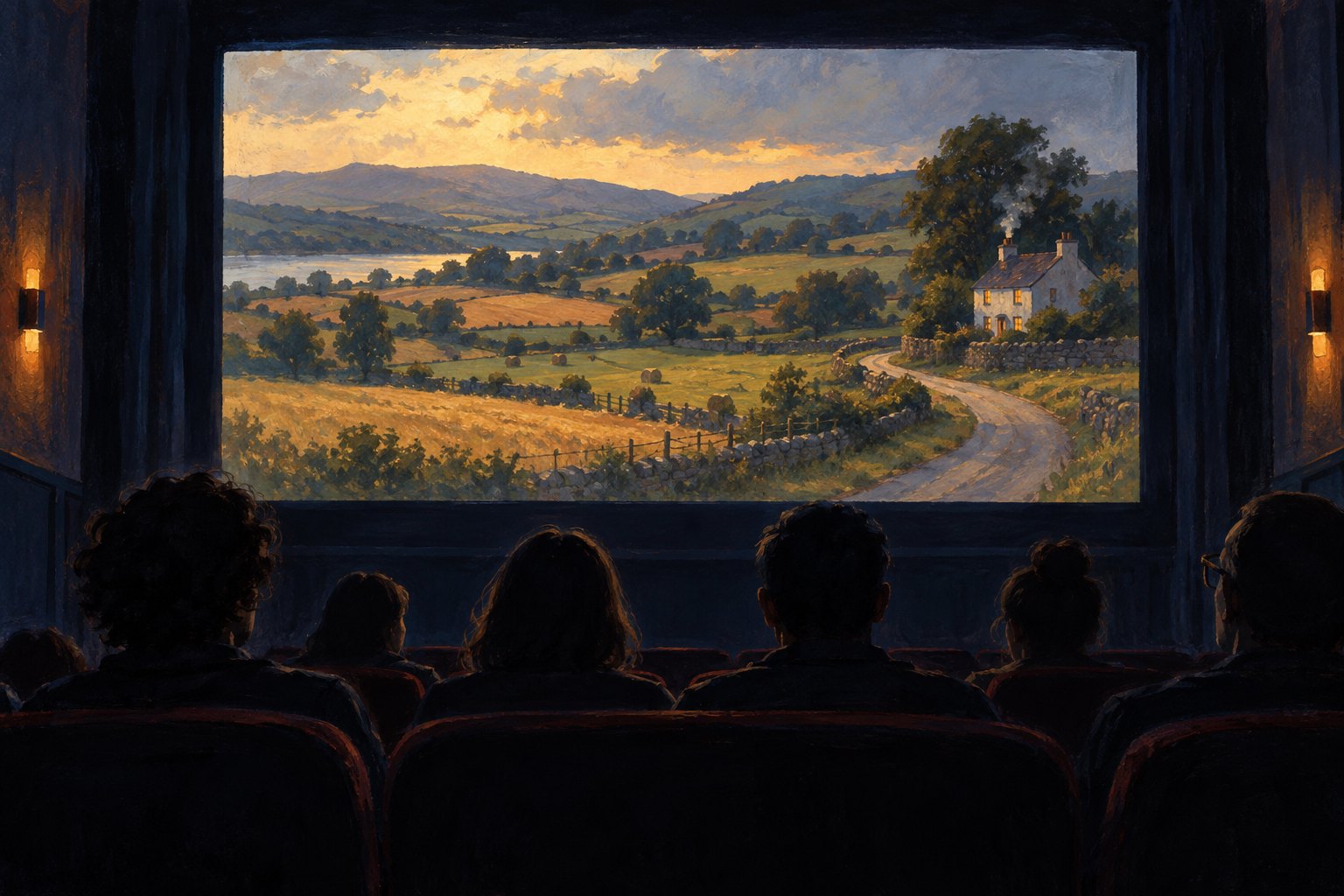 An illustrated cinema audience watches a rural landscape with fields, a winding road, and a house on a large screen.