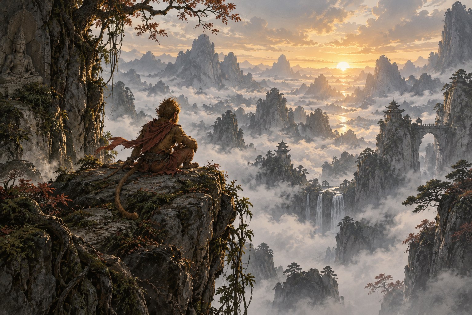 西游主题概念插画:猴王背对观众坐在山石上,凝望云海与晨光,非剧集官方画面