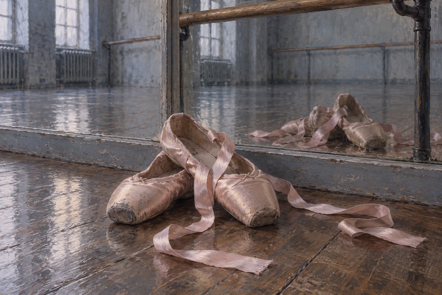 Painterly illustration of worn pink pointe shoes and loose ribbons reflected in a rehearsal studio mirror beneath a wooden barre.