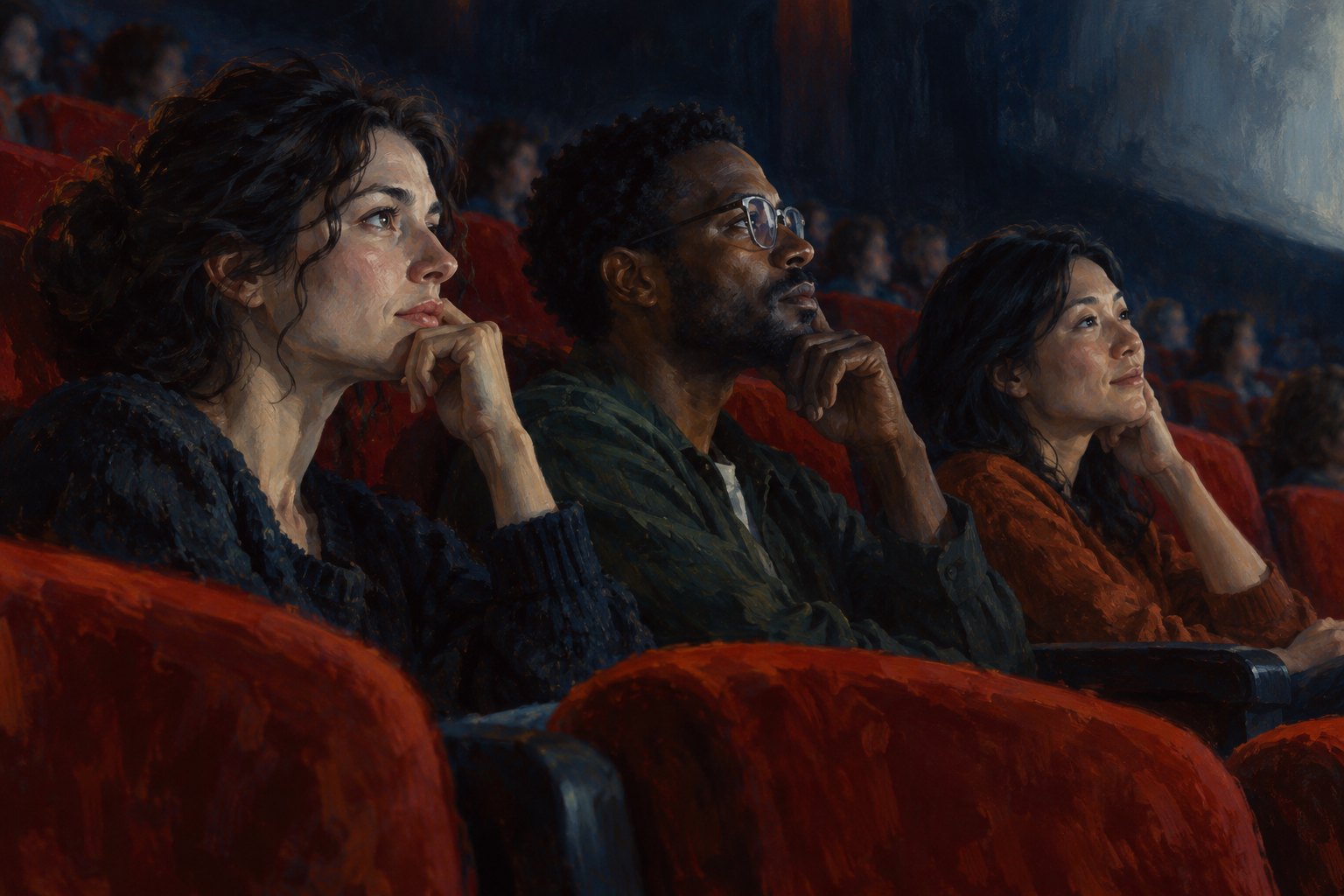 Painterly illustration of three attentive moviegoers illuminated by screen light in a dark theater with red seats.