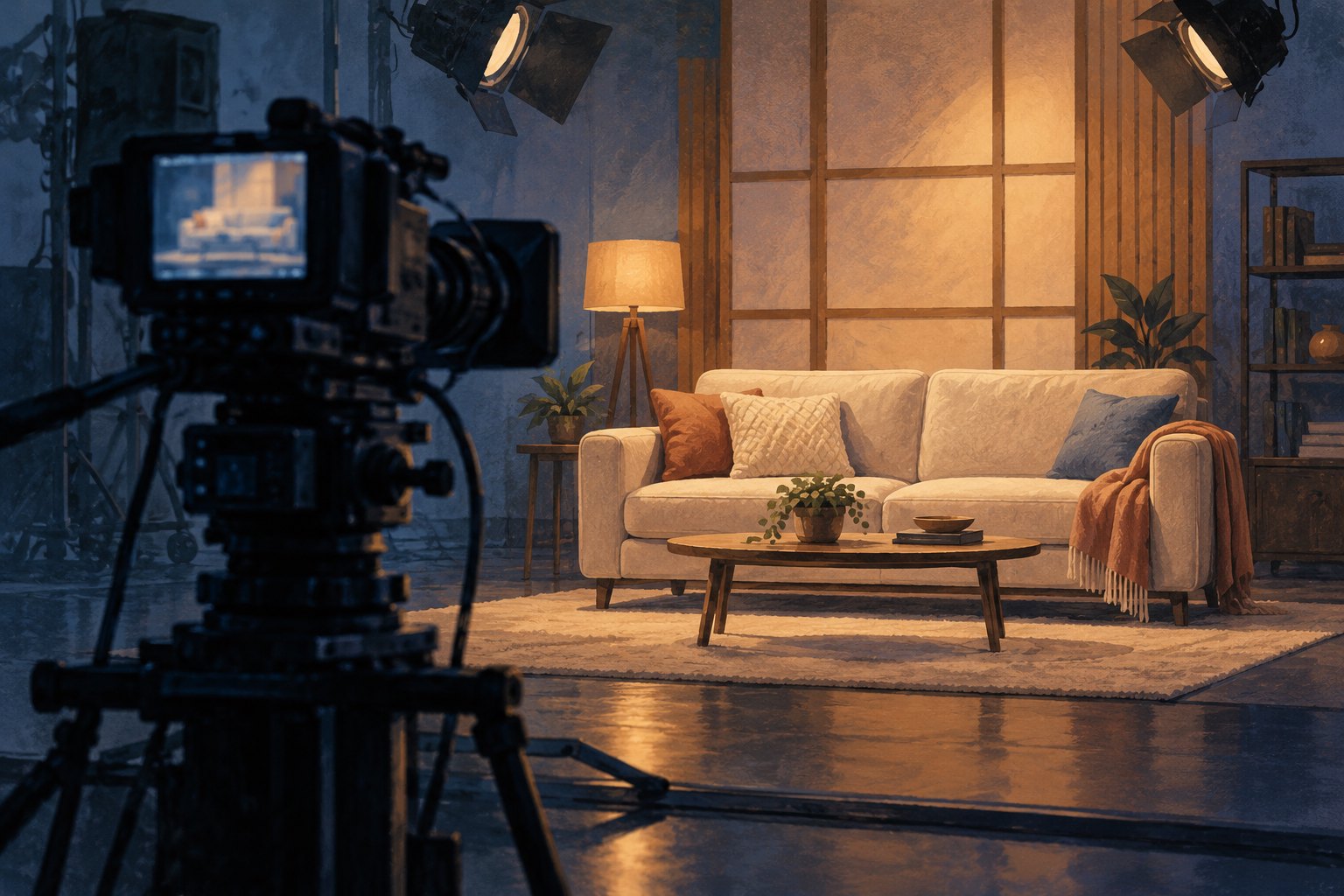 Conceptual illustration of a television camera facing an empty sofa under warm studio lights.