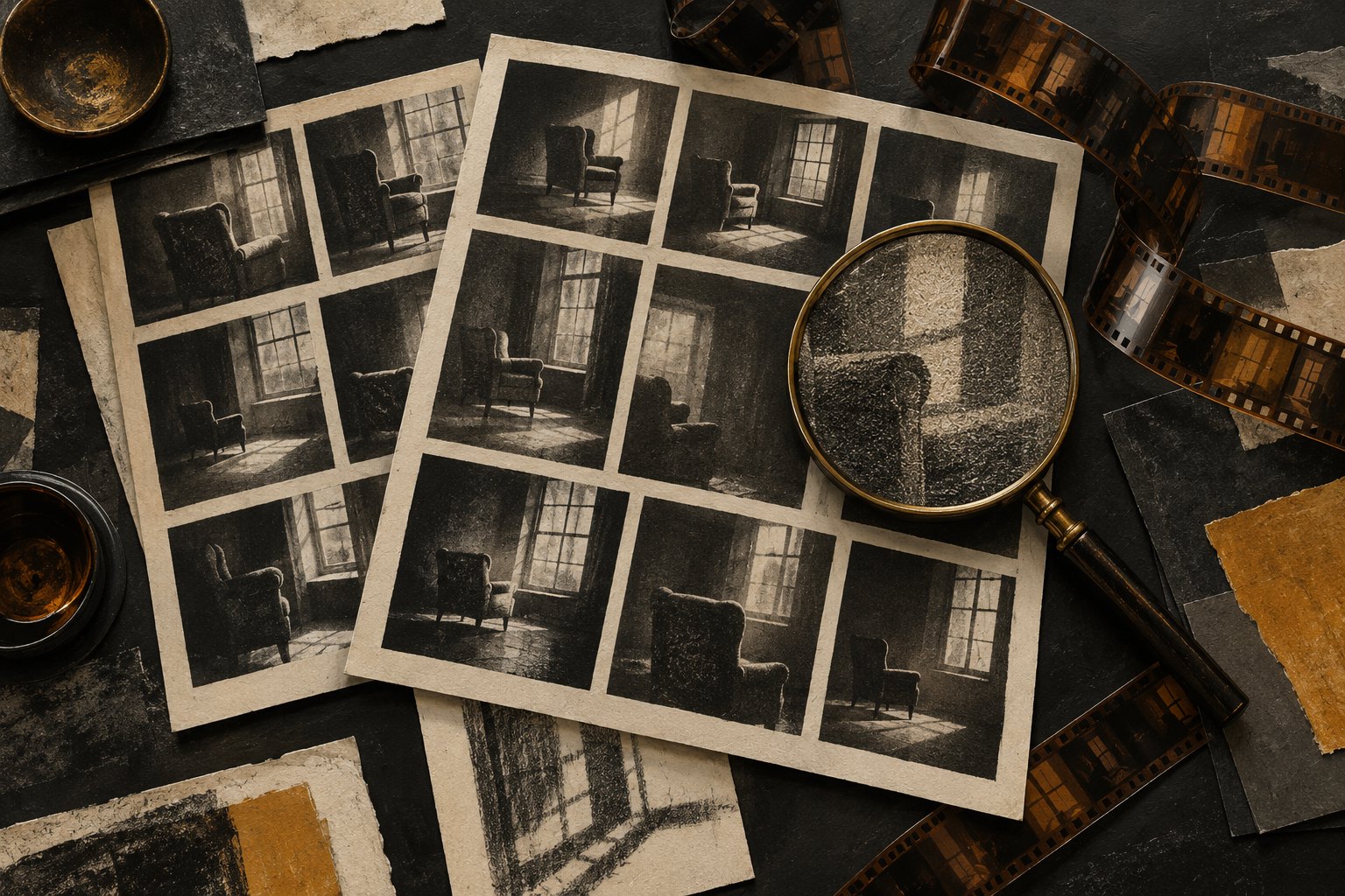 Conceptual illustration of a magnifying glass over photographic contact sheets of an empty chair, surrounded by film strips.
