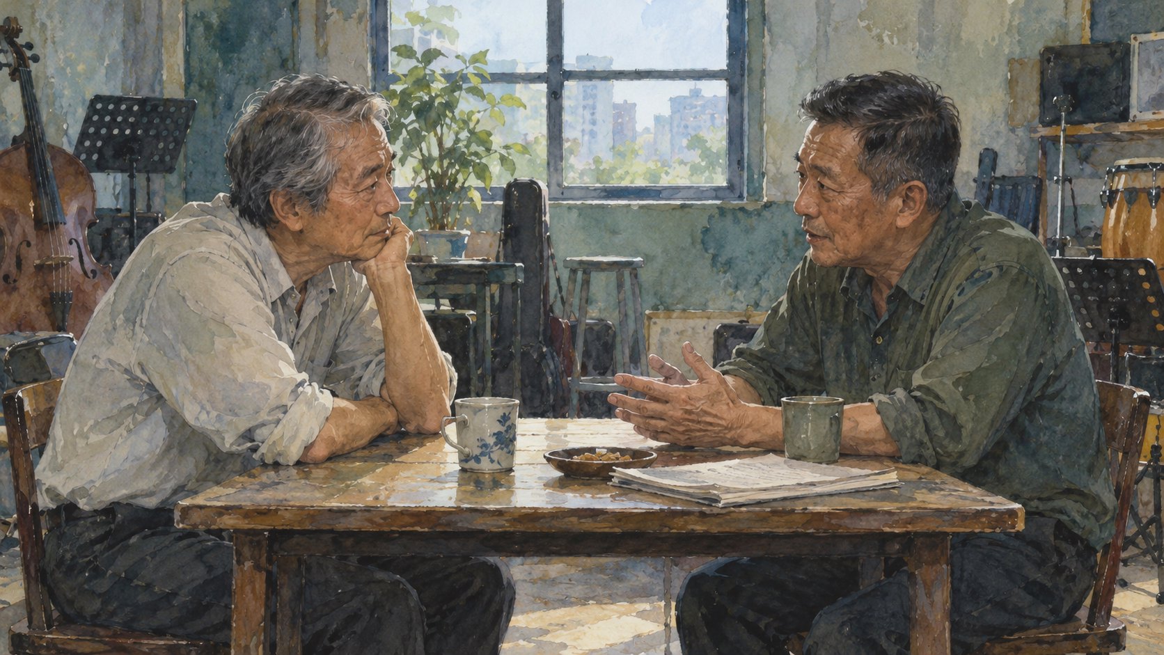 兩名虛構人物隔桌交談,一人傾聽、一人以手勢表達的概念插畫,非演員肖像或電影劇照
