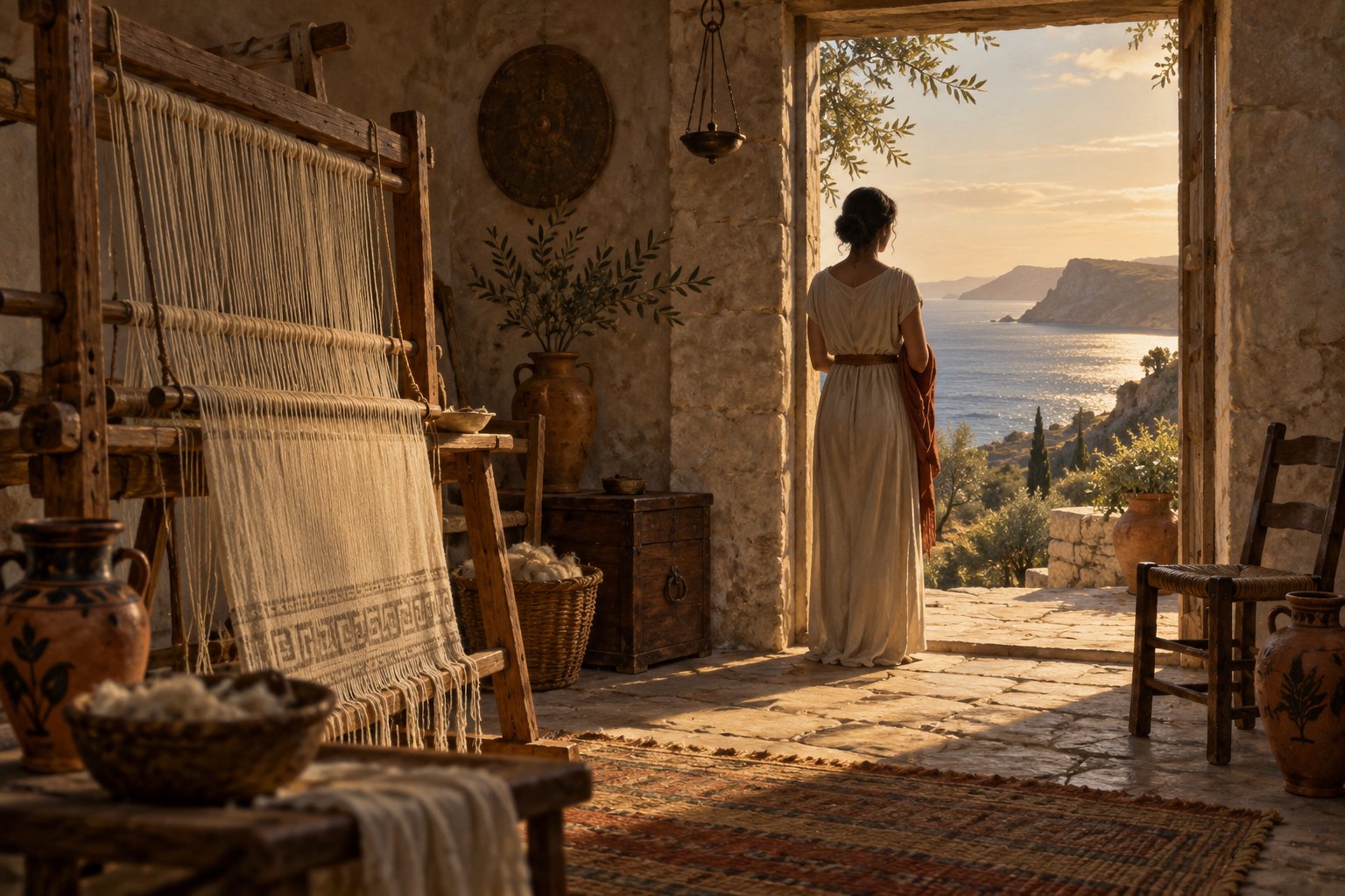 Conceptual illustration of a woman looking toward the sea from a stone room containing a loom and an empty chair.