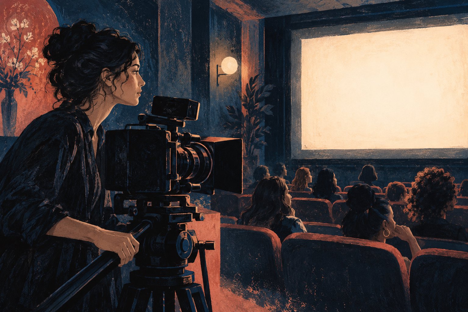 Conceptual illustration of a woman beside a movie camera overlooking an audience and a glowing cinema screen.
