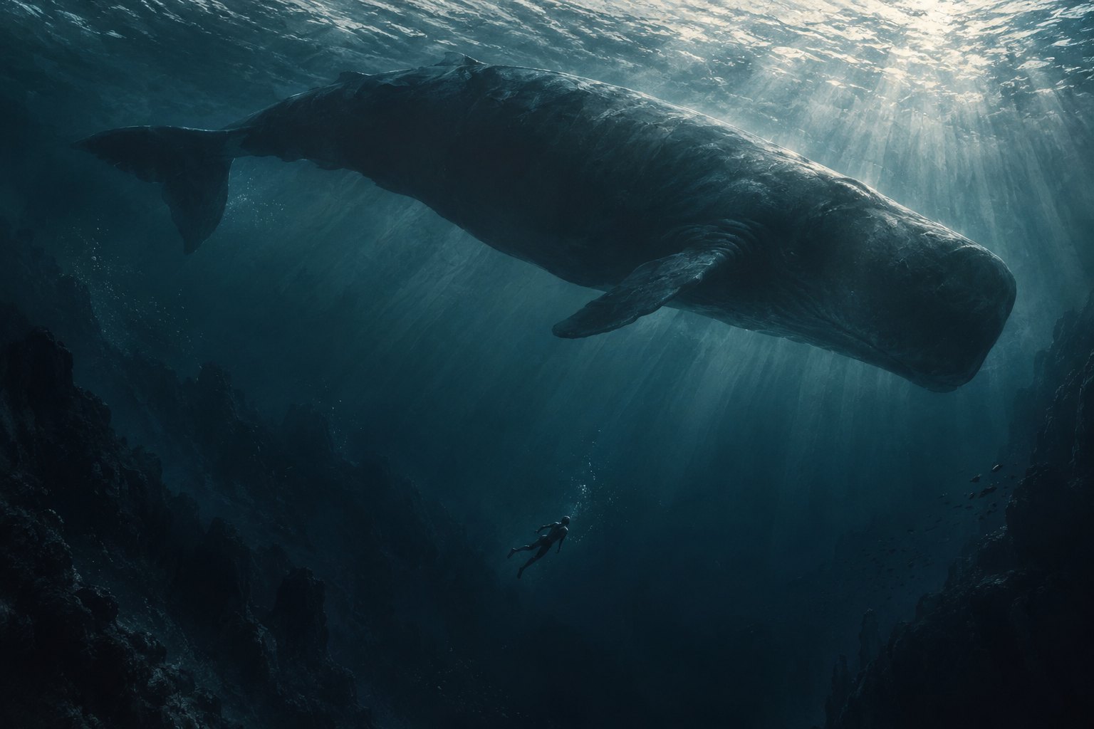 A vast whale silhouette passes above a tiny swimmer in a deep teal ocean illuminated by pale surface light.