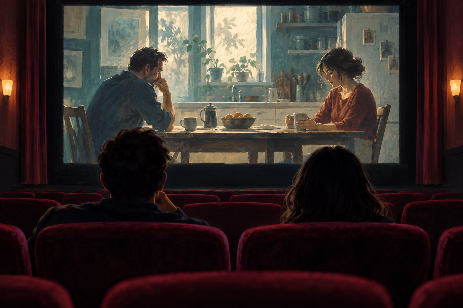 Conceptual illustration of two cinema viewers watching a fictional scene of a couple sitting apart at a kitchen table.