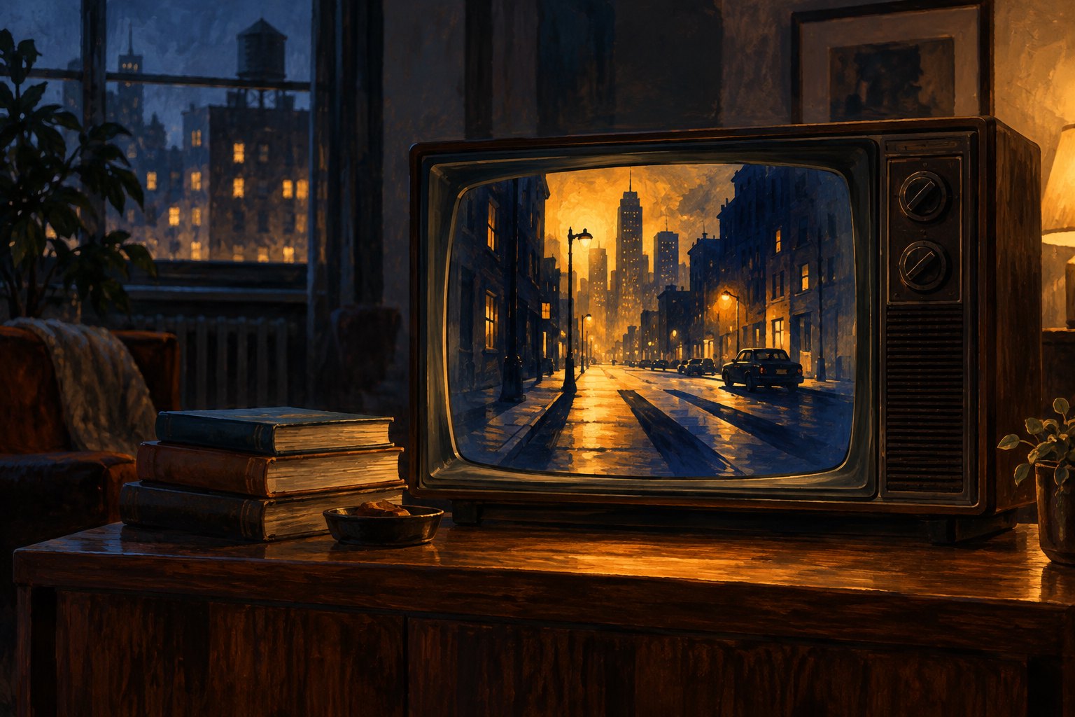 Painterly illustration of a vintage television displaying a shadowy city street beside books in a dim room.